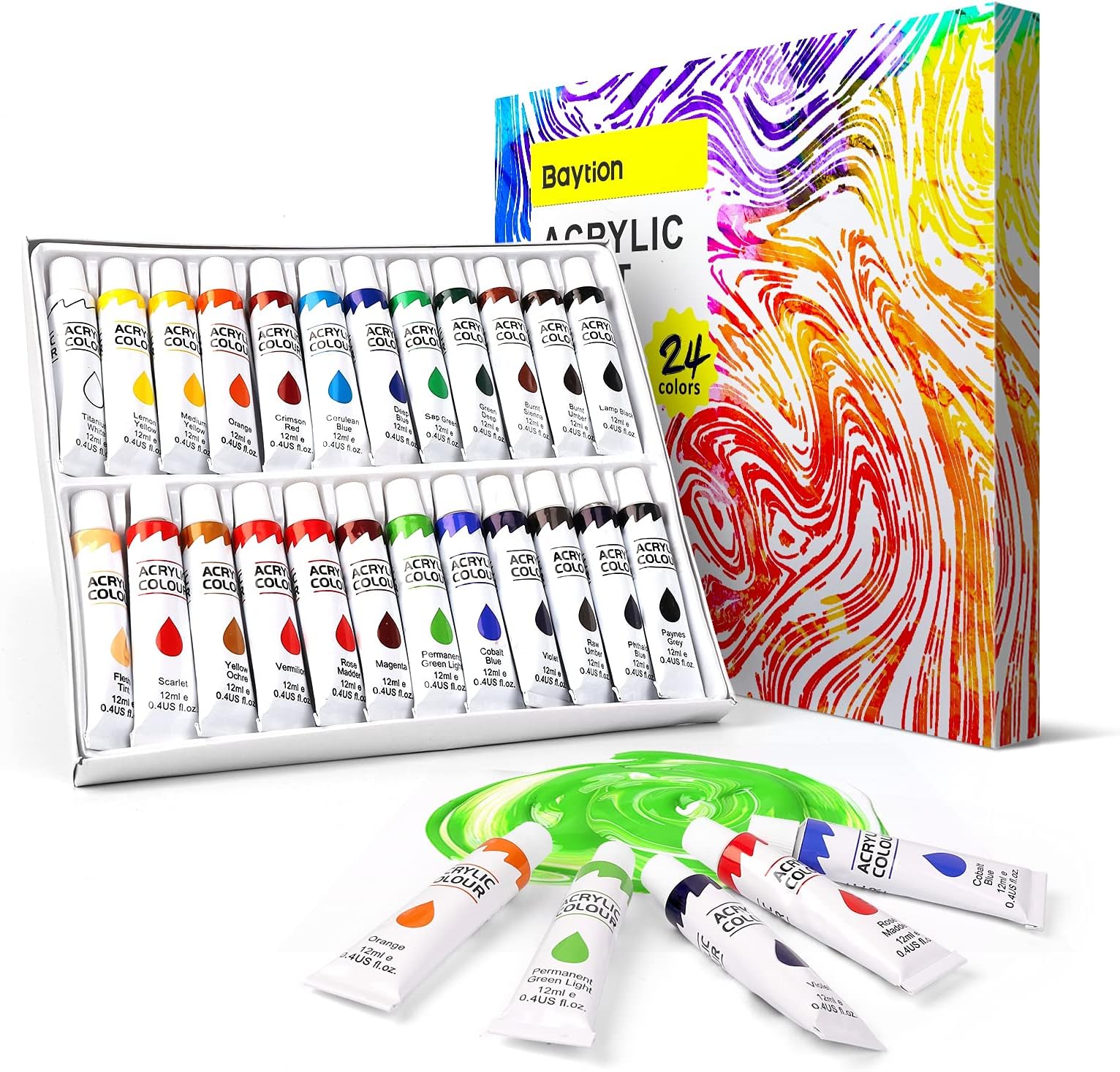 Baytion Acrylic Paint Set, 24x12ml Tubes Acrylic Oil Paints, Water Color Non Toxic Oil Paints for Beginners & Professional Artists Painting on Canvas, Wood, Clay, Fabric, Plastic & Ceramic Crafts