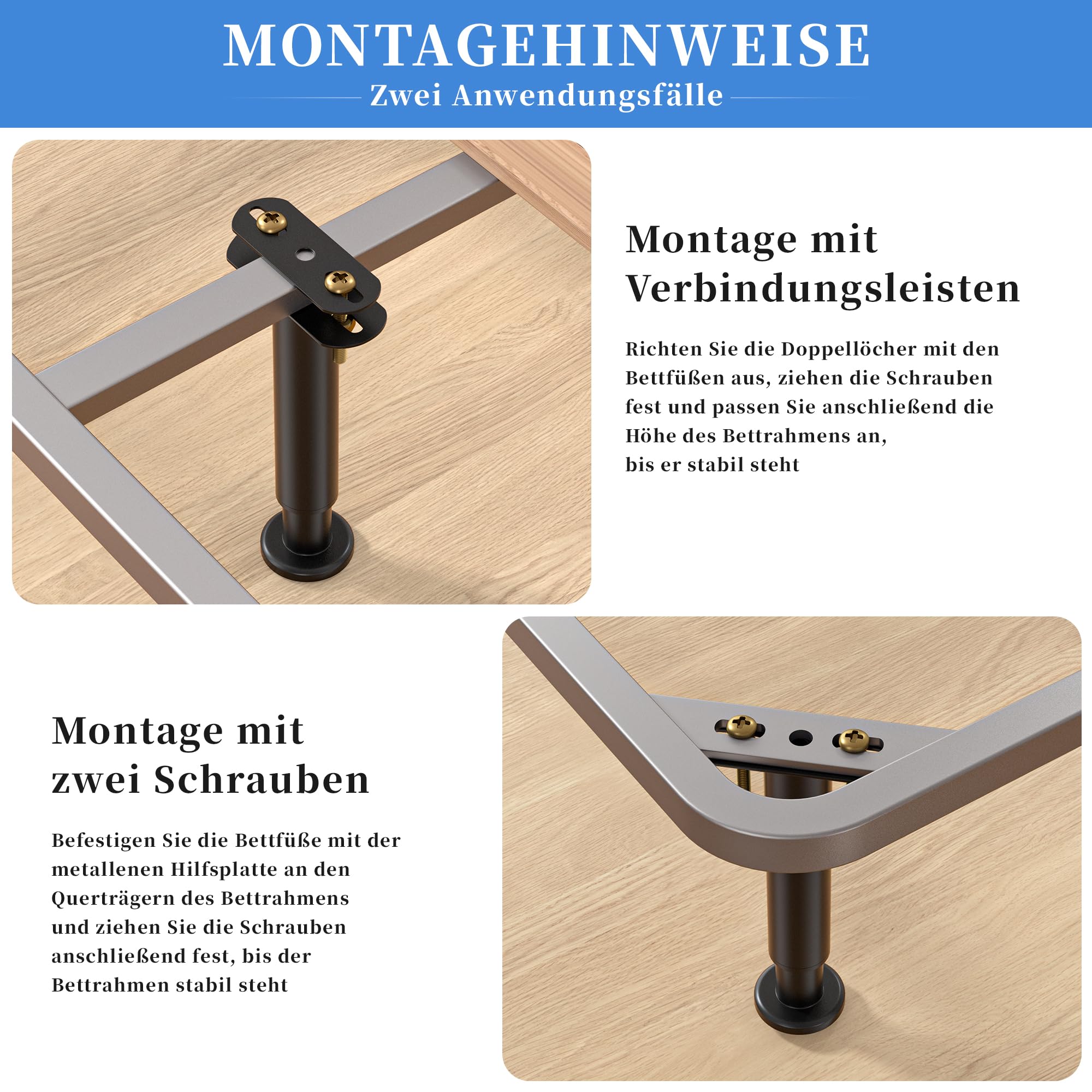 VETIN Lot de 4 Pieds de Lit Réglables en Hauteur, Pieds de Lit en Métal 18-33 cm, Pieds de Support Centraux du Cadre de Lit, Adaptés aux Lattes du Cadre de Lit/du Centre du Lit