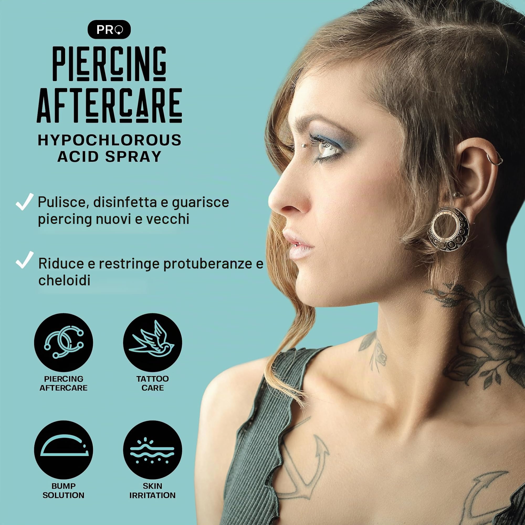 BASE LABORATORIES Spray Acido Ipocloroso per Cura Post-Perforazione PRO | Curativo del Piercing | Detergente per Protuberanze, Cheloidi e Ferite | 240ml