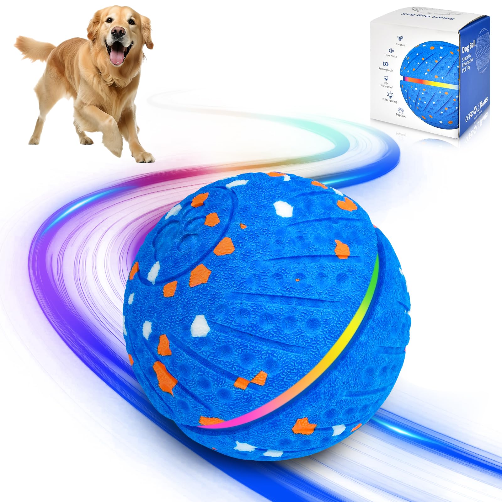 Interaktiver Spielball für Hunde, Intelligenter Selbstbewegender Hundeball, Hundespielzeug Ball, Interaktiver Hundeball 3 Modi, Self Moving Dog LED Ball, Hundespielzeug Wasserdicht Bissfest ETPU(Blau)