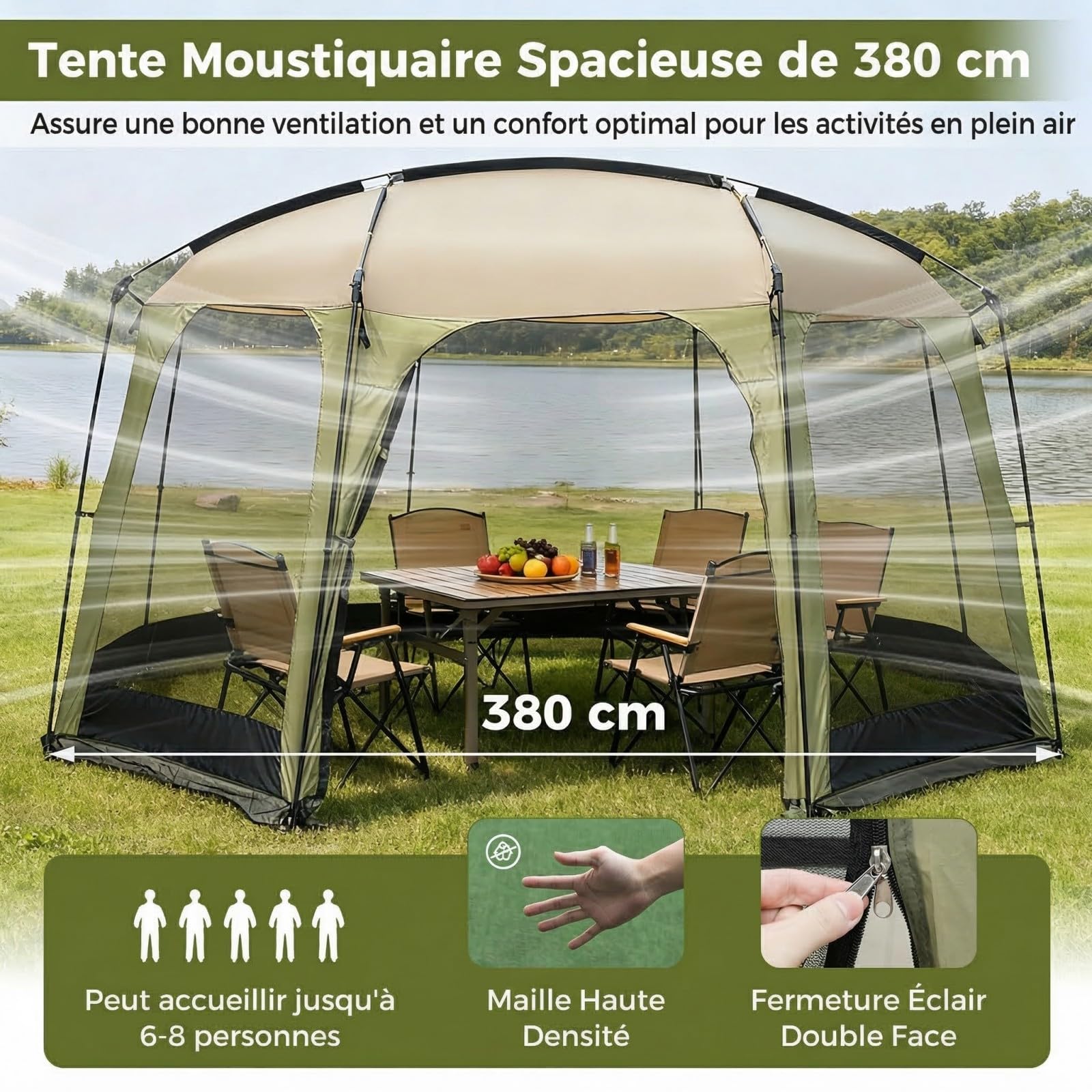 RELAX4LIFE Tente Moustiquaire pour 8 à 10 Personnes, Maille Anti-Insect | 3,8x3,5M Tonnelle de Jardin Extérieur, Porte Zippée, Sac de Transport, Abri Solaire Familial pour Activité Plein Air