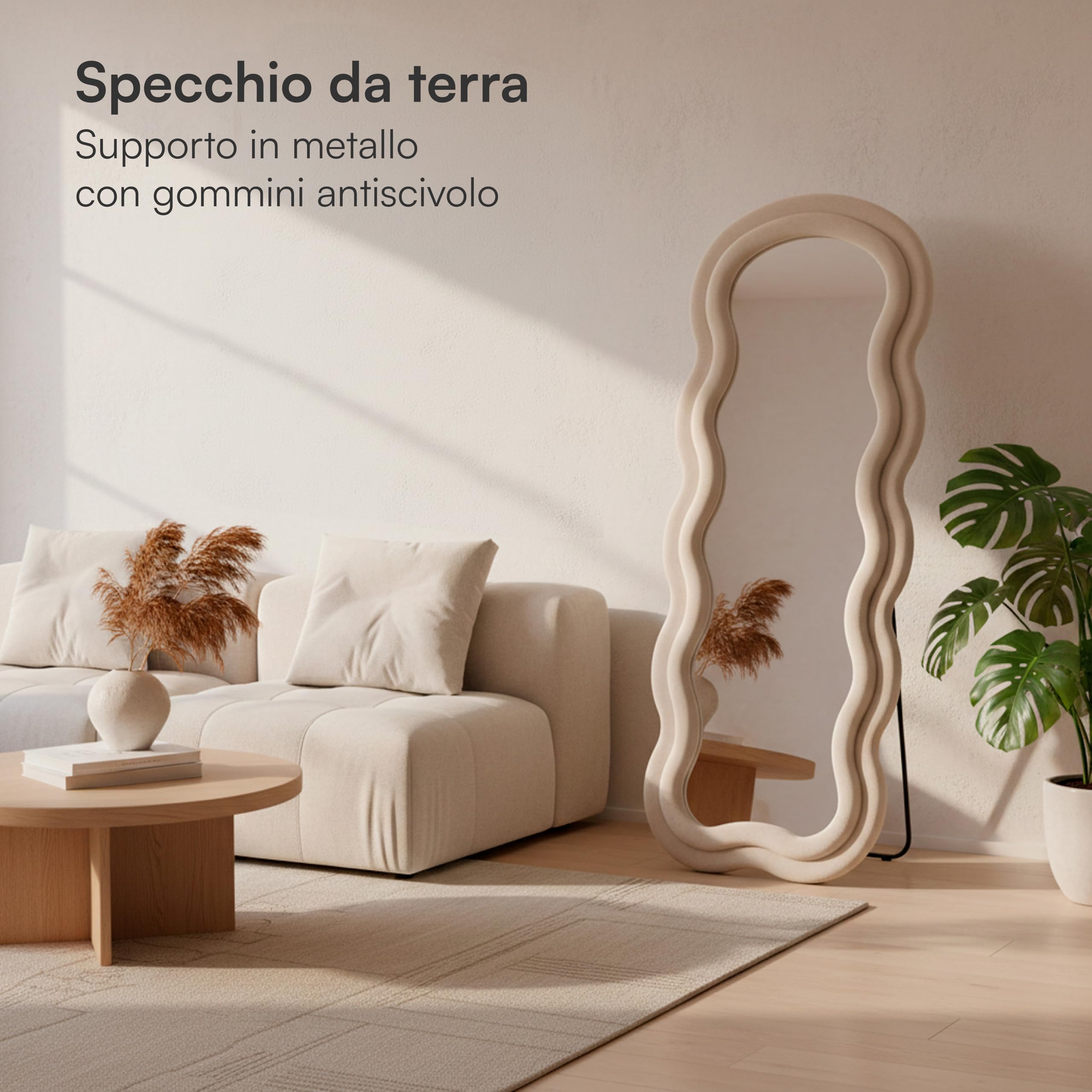 Baroni Home Specchio da Terra, Specchio con Cornice Ondulata Imbottita e Rivestimento in Velluto, Soggiorno, Camera da Letto, Corridoio, 160 x 60 Panna