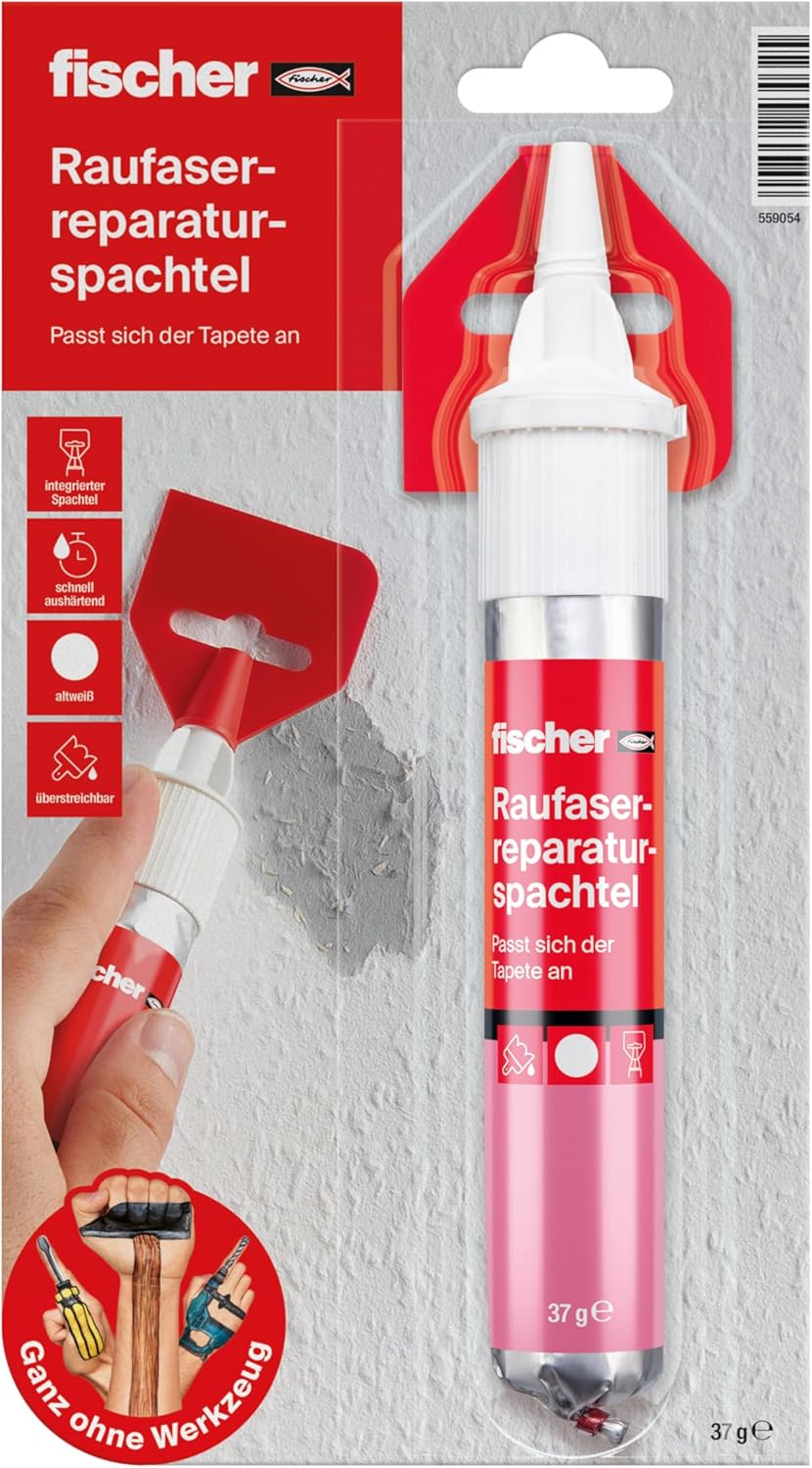 fischer Woodchip Repair Filler, 70 ml, Filler with woodchip Grain for Cracks and Holes, Mass for Repairing woodchip wallpapered Walls, Repair Filler in Old White