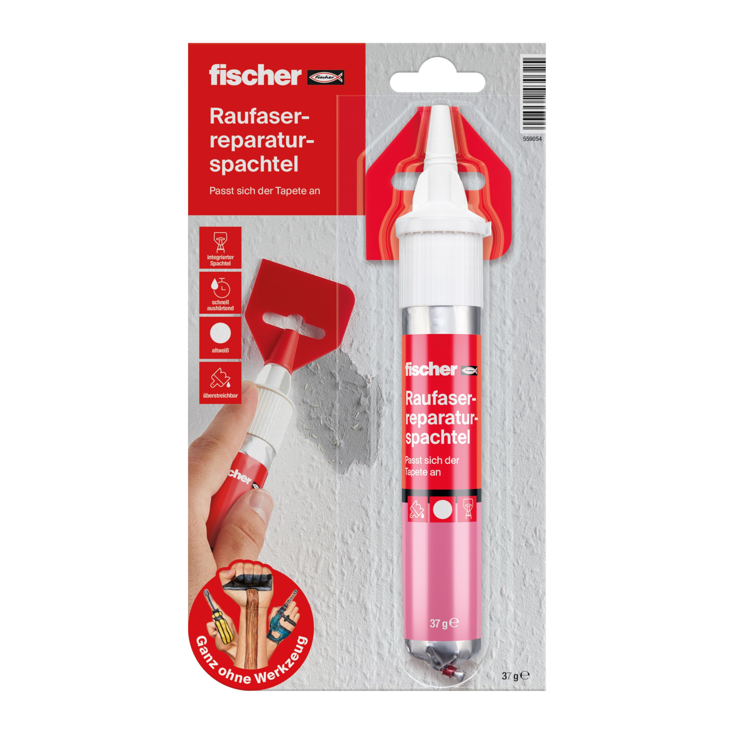 fischer Raufaserreparaturspachtel, 70 ml, Spachtelmasse mit Raufaserkörnung für Risse & Löcher, Masse zum Ausbessern raufasertapezierter Wände, Reparaturspachtel in Altweiß