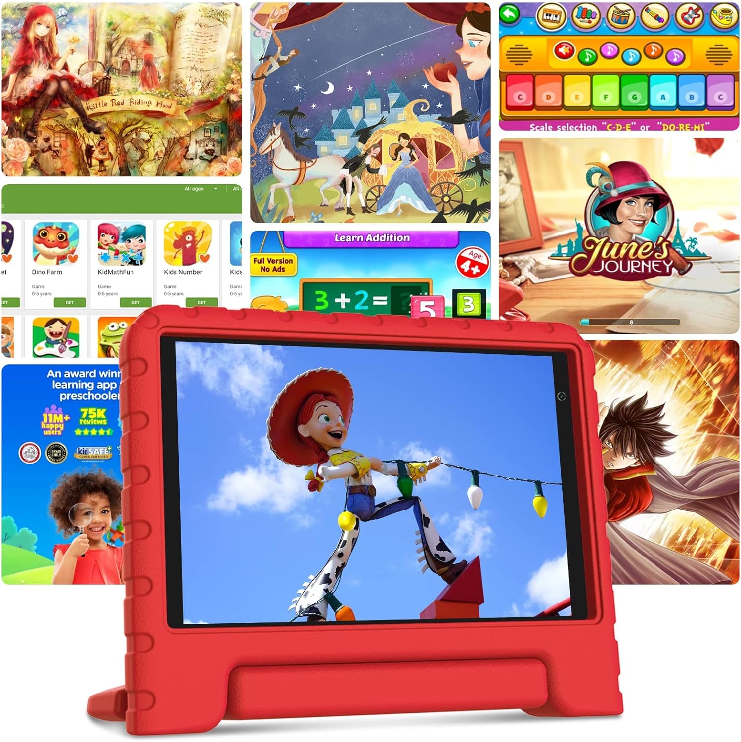 YESTEL Tablet per Bambini da 8 Pollici FHD con Risoluzione 1280 * 800 IPS, WiFi 6, Android 11, 2GB di RAM e 32GB di Memoria Interna (Fino a 1TB). Inclusa Custodia Protettiva a Prova di Bambino, Rosso