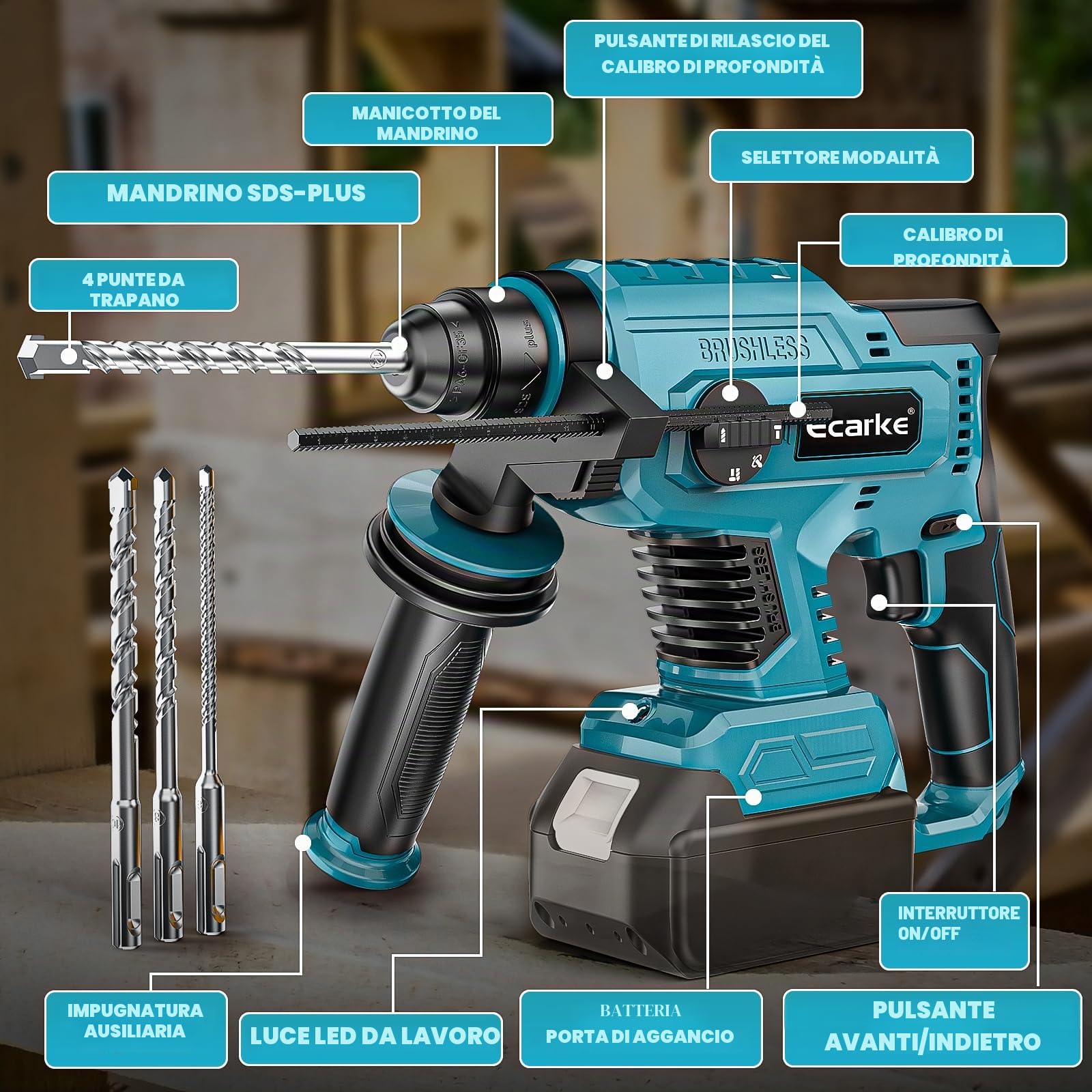 Ecarke Martello perforatore per batteria Makita da 18 V, SDS-Plus Hammer Drills, 4 modalità di funzionamento 1500RPM/4500 BPM, trapano a percussione senza spazzole con impugnatura girevole a 360° e 4
