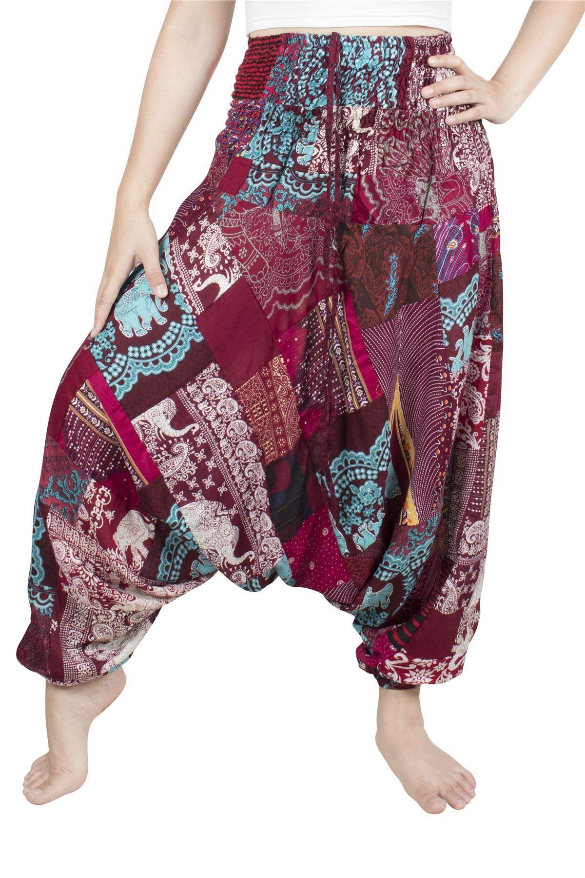 Lofbaz Unisex Patchwork Hippie Pants Harem Casual Baggy Yoga Colorful Trousers – Burgundy – Plus