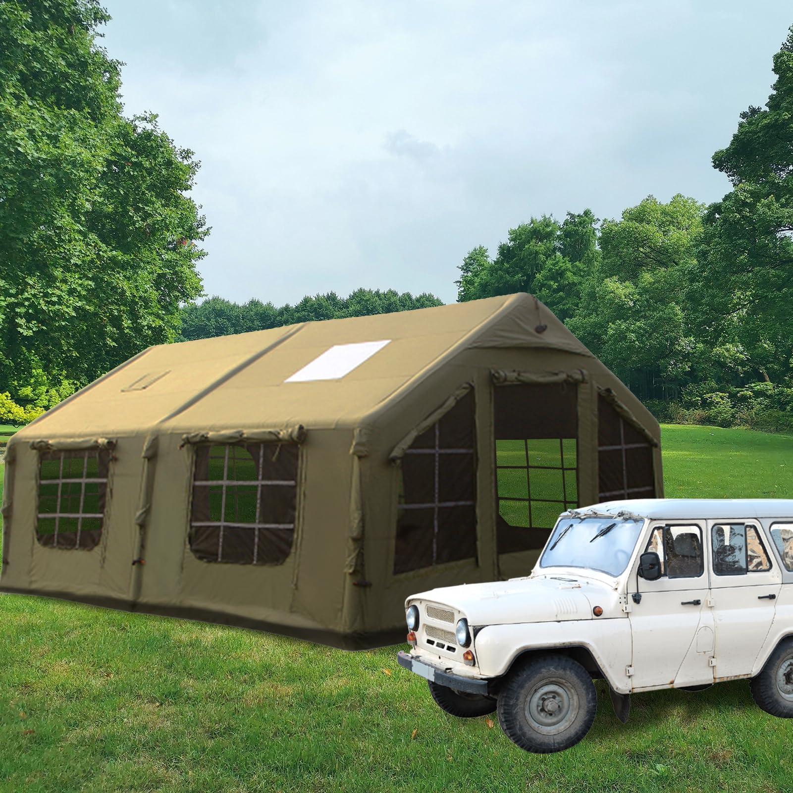 Inflatable Tent for Camping, 2-4/3-5/6-10 Person Blow up Tent Includes Tarp and Pump, Easy to Set Up for Glamping with Stove Jack, Luxury Thick Material & Puncture-Proof, Army Green