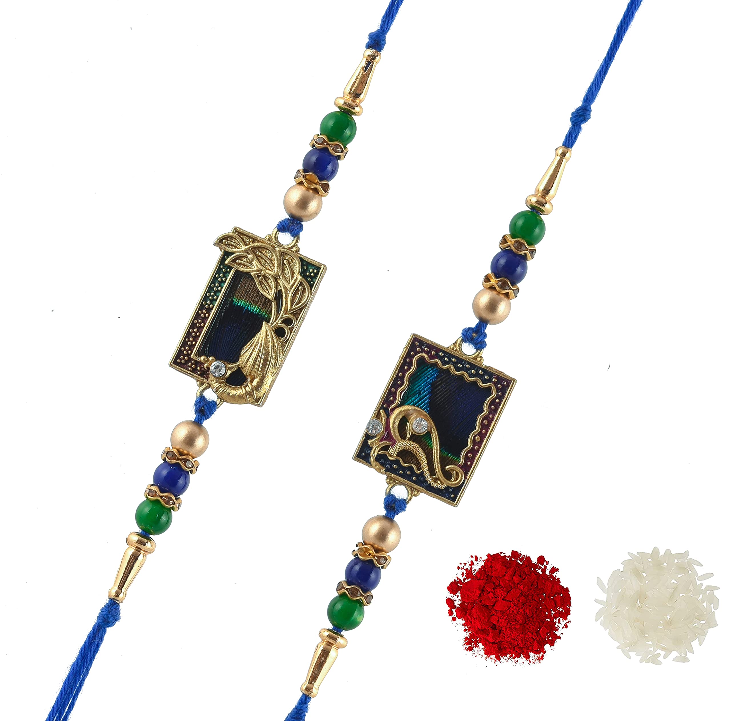 Pride Store Glorious 2 Bro Rakhi Combo especially designed brightly colored original feather from the peacock with a Greeting Card comes with Roli and Chawal Rakhi For Brother Bhaiya Bro Veera