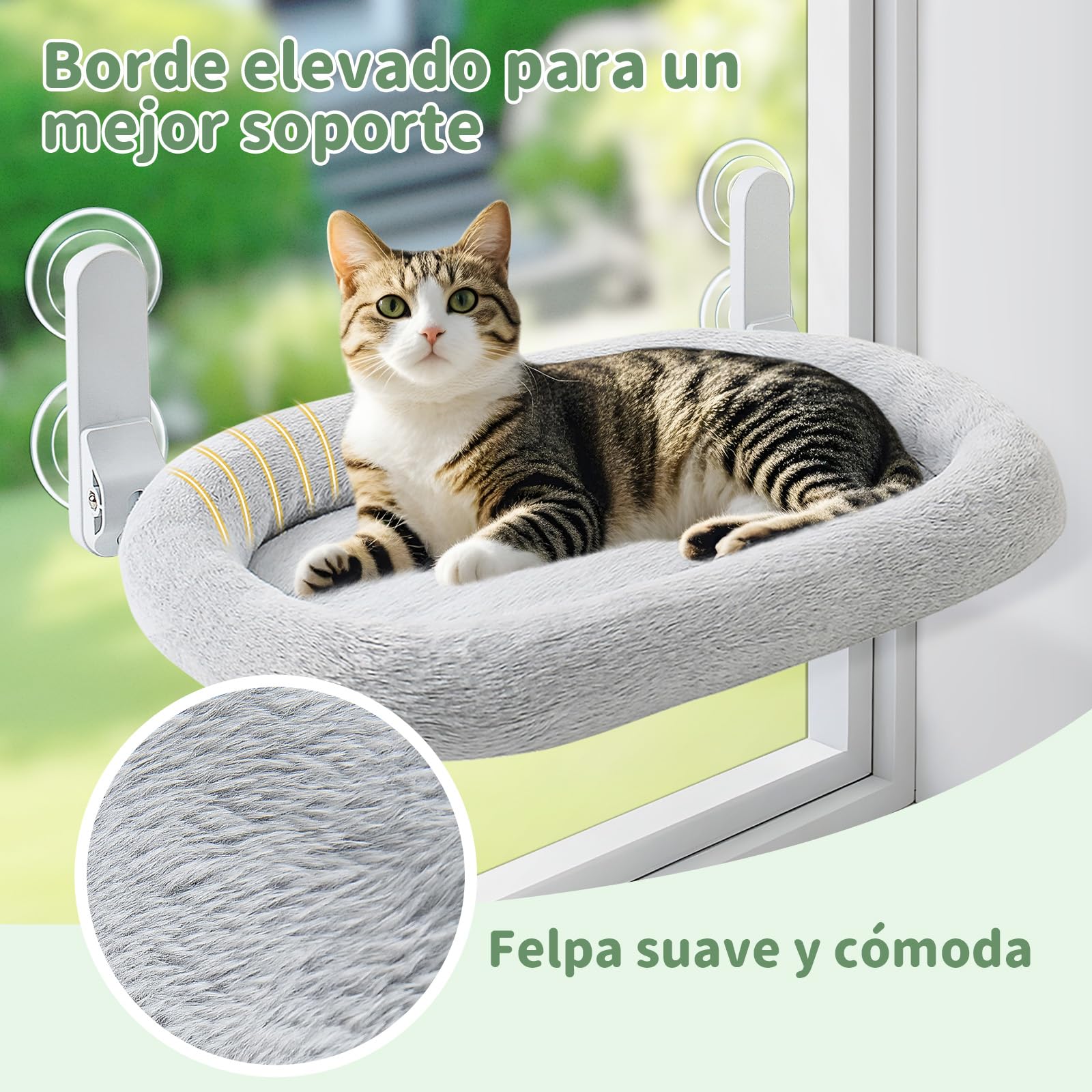 GUUSII HOME Hamaca Gato Ventana con Ventosas Fuertes Cama Colgante para Gatos Amaca Camita Interior Grande Instalación Fácil sin Perforaciones Funda Suave y Lavable Soporta hasta 18kg (Gris)