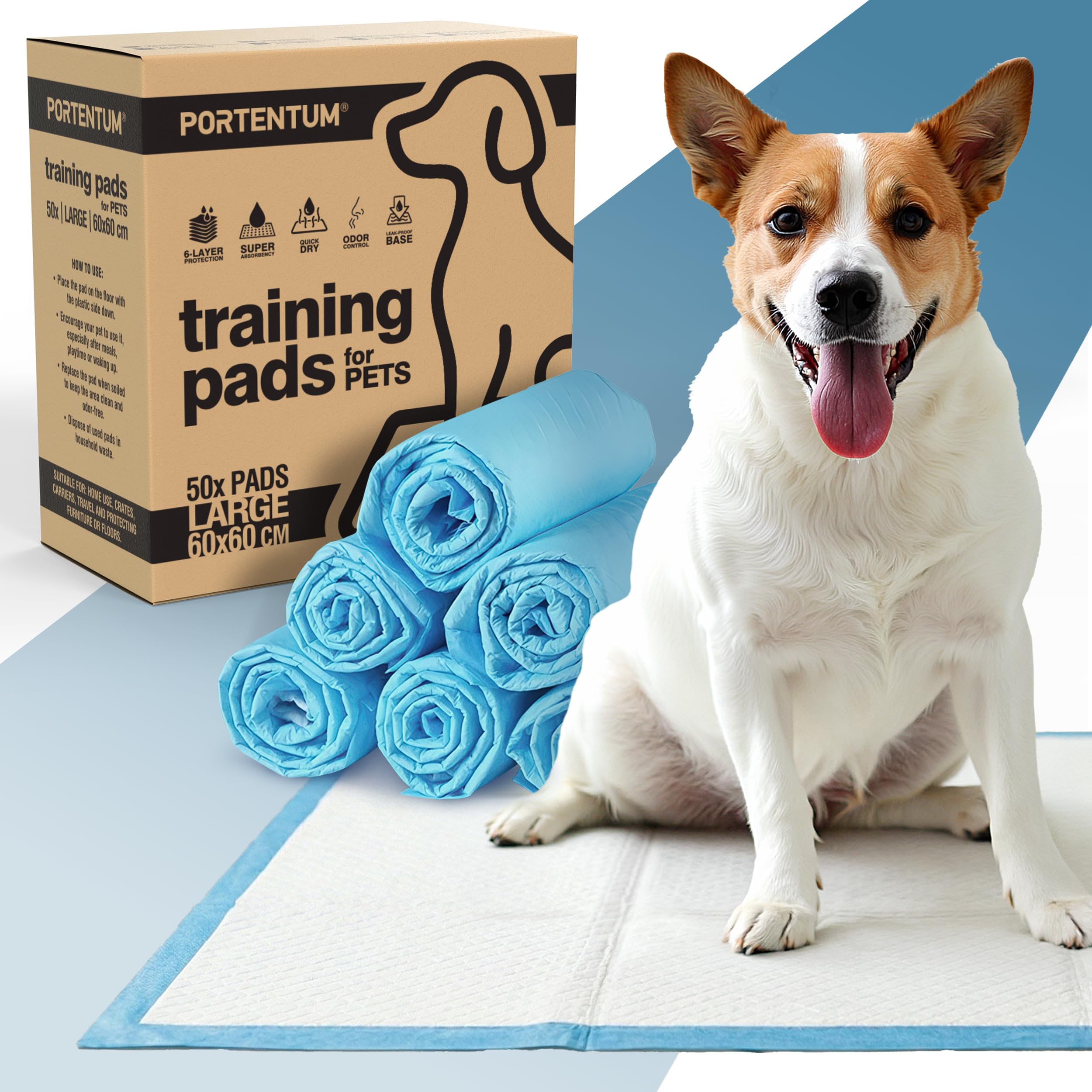 PORTENTUM Empapadores Perros 60x60 cm 100 Unidades – 6 Capas absorbentes antifugas con Control de olores – Alfombrillas Desechables para Entrenamiento – Inodoro para Perros — view 12