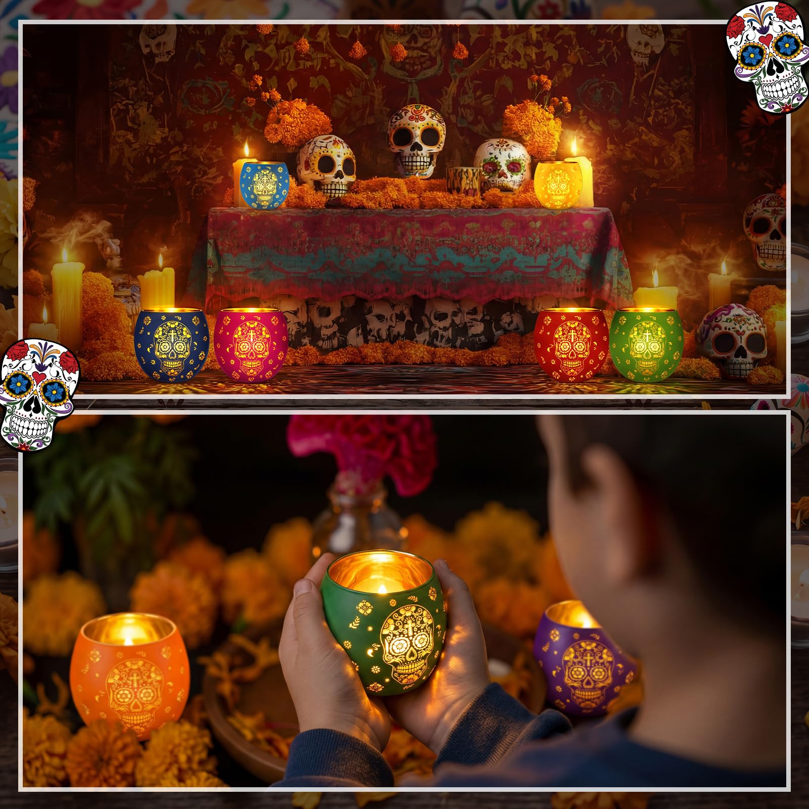 Meanplan Set di 9 portacandele votivi con LED Dia De Los Muertos messicano portacandele con teschio di zucchero e fiori incisi, centrotavola da tavolo per Halloween, carnevale, decorazione per feste