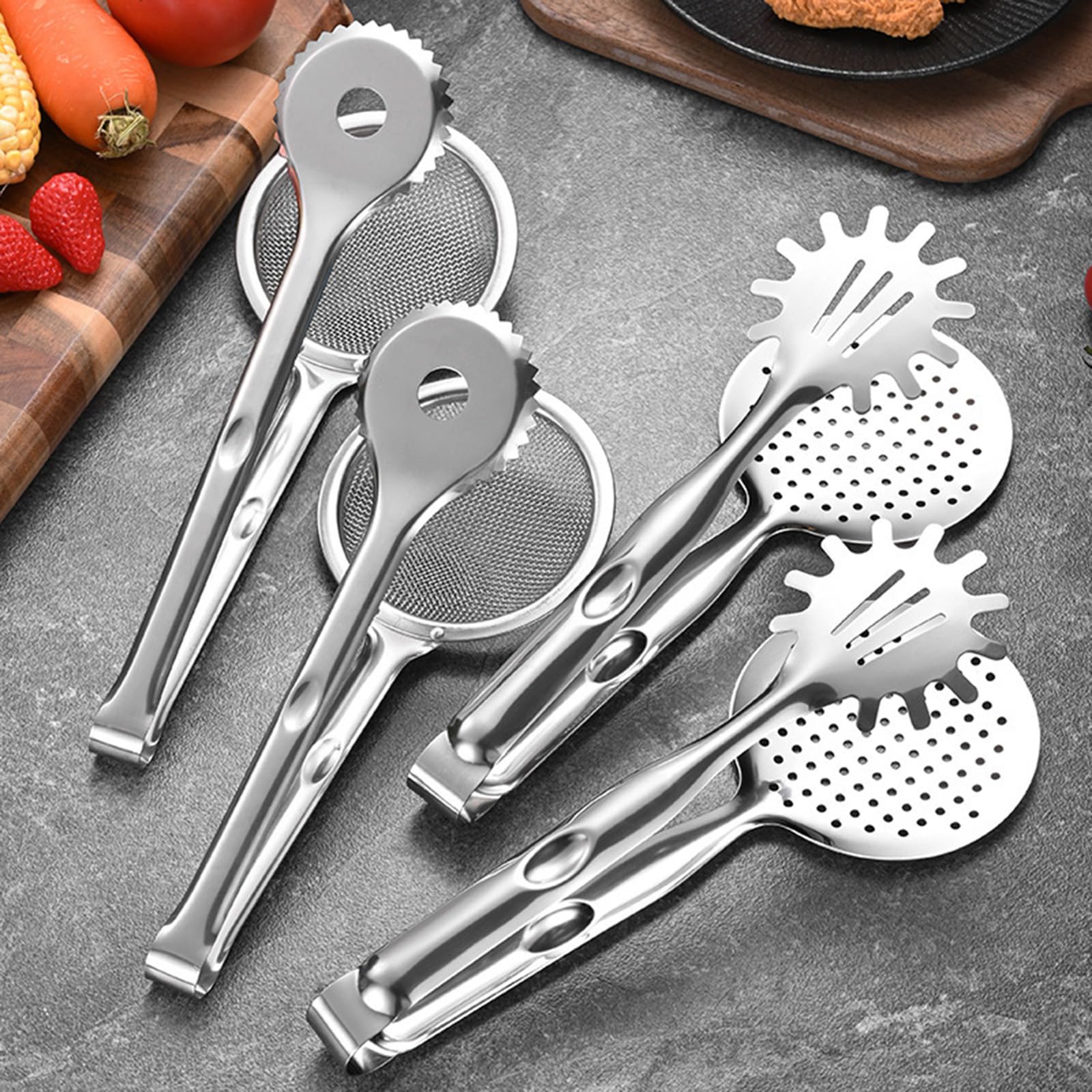 2-in-1 Stainless Steel Strainer Tongs with Oil-Draining Mesh (2A2B)