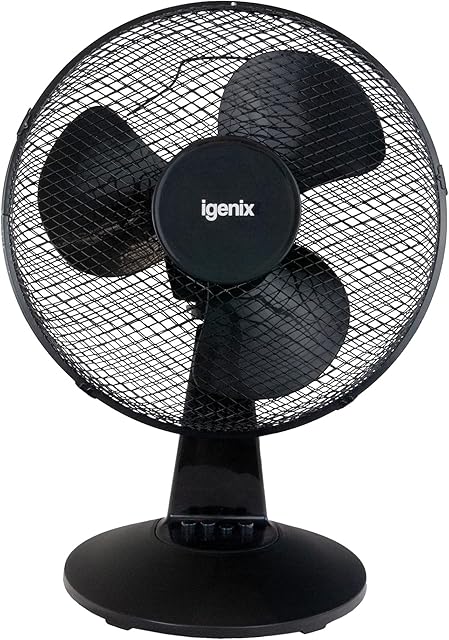 Igenix DF1210BL Portable Desk Fan, 40 W, 12 Inch, 3 Speed, Quiet Operation, Oscillating, Desktop/Bedside Fan, Ideal for Home and Office, Black