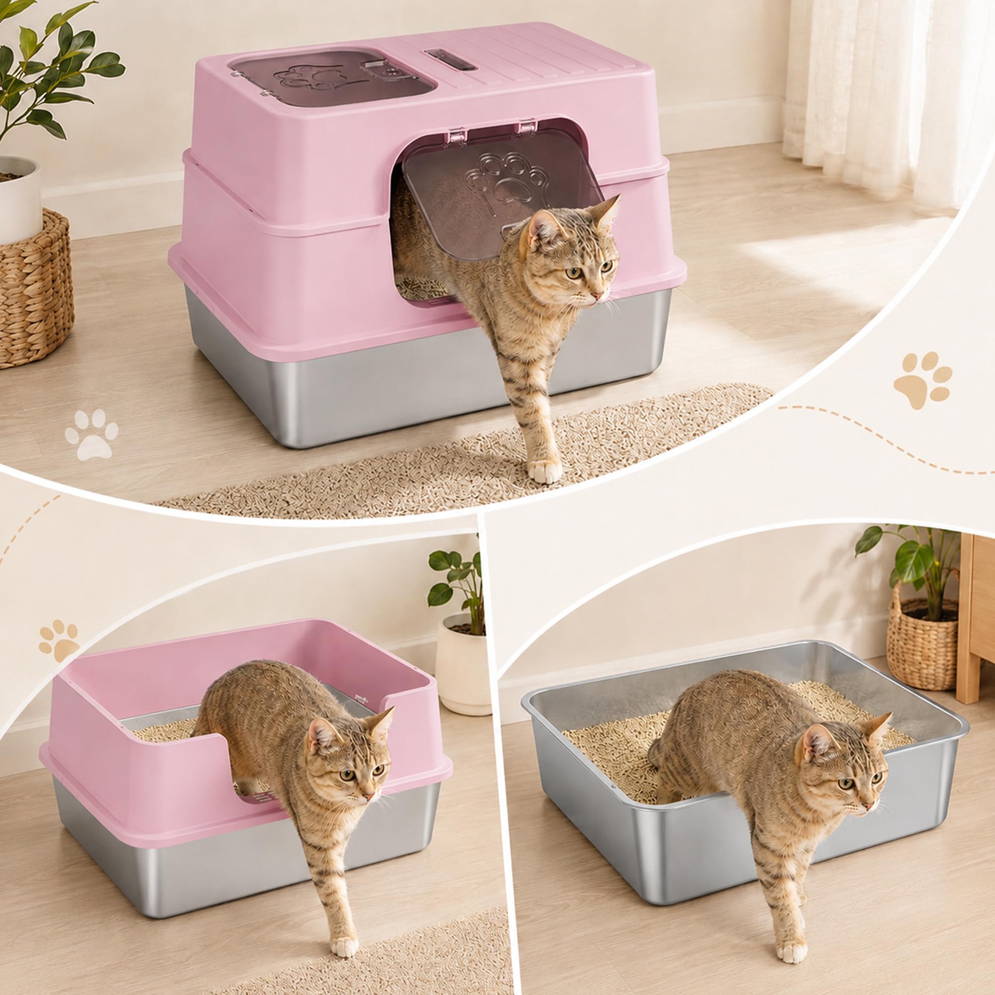 XL Katzentoilette Edelstahl mit Deckel, 2 in 1 Katzenklo Offen oder Geschlossen, Große Katzentoilette mit Hohem Rand, Doppeltür Design, Streuschaufel Inklusive, 61 x 41 x 40 cm-Rosa