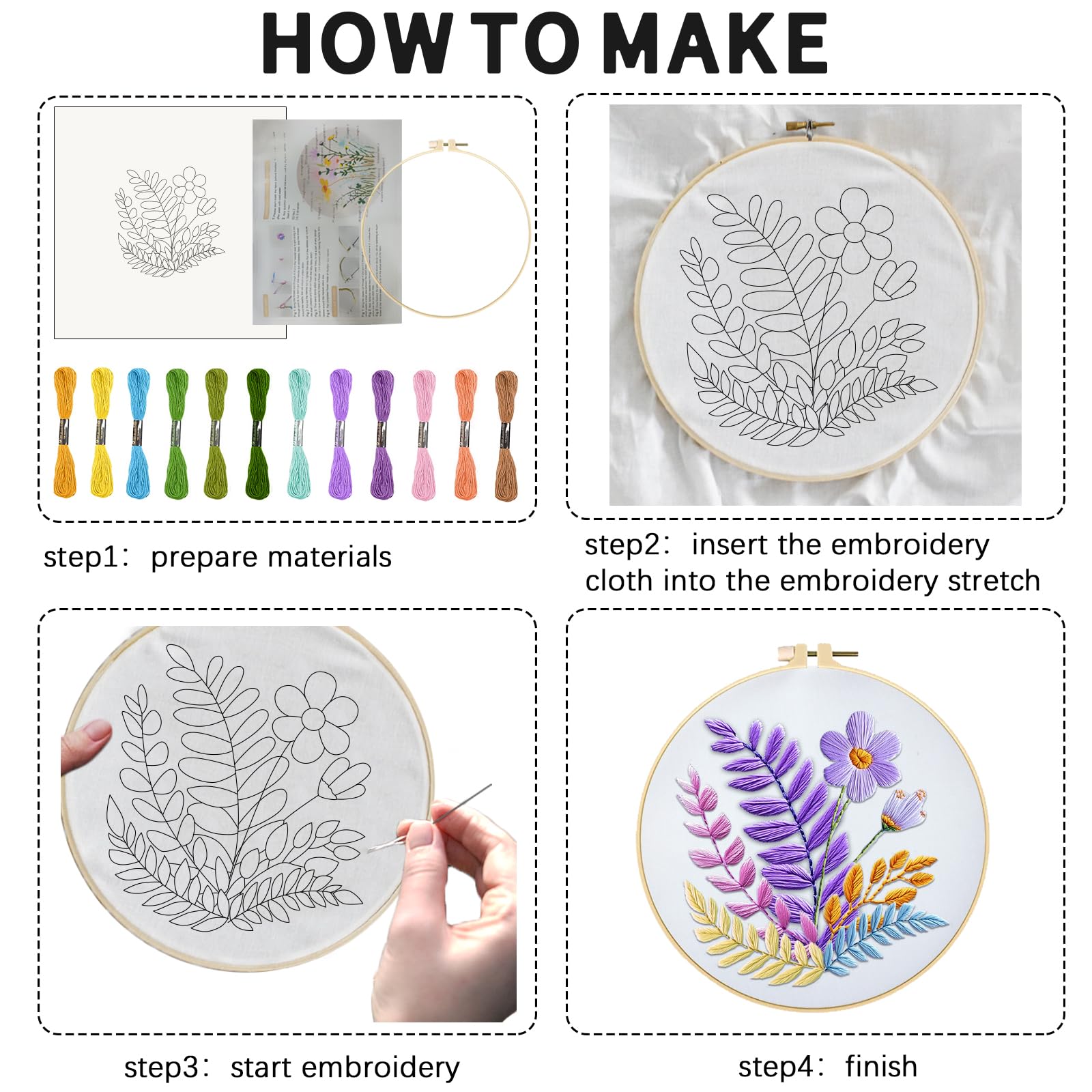 INFUNLY 4 Sets DIY Embroidery Kit for Beginners 11.8"×11.8" Leaf and Flower Embroidery Hoop Kits Color Threads Flowers and Plants Cross Stitch Kits Needlepoint Kits with Instructions for Starter - Image 4