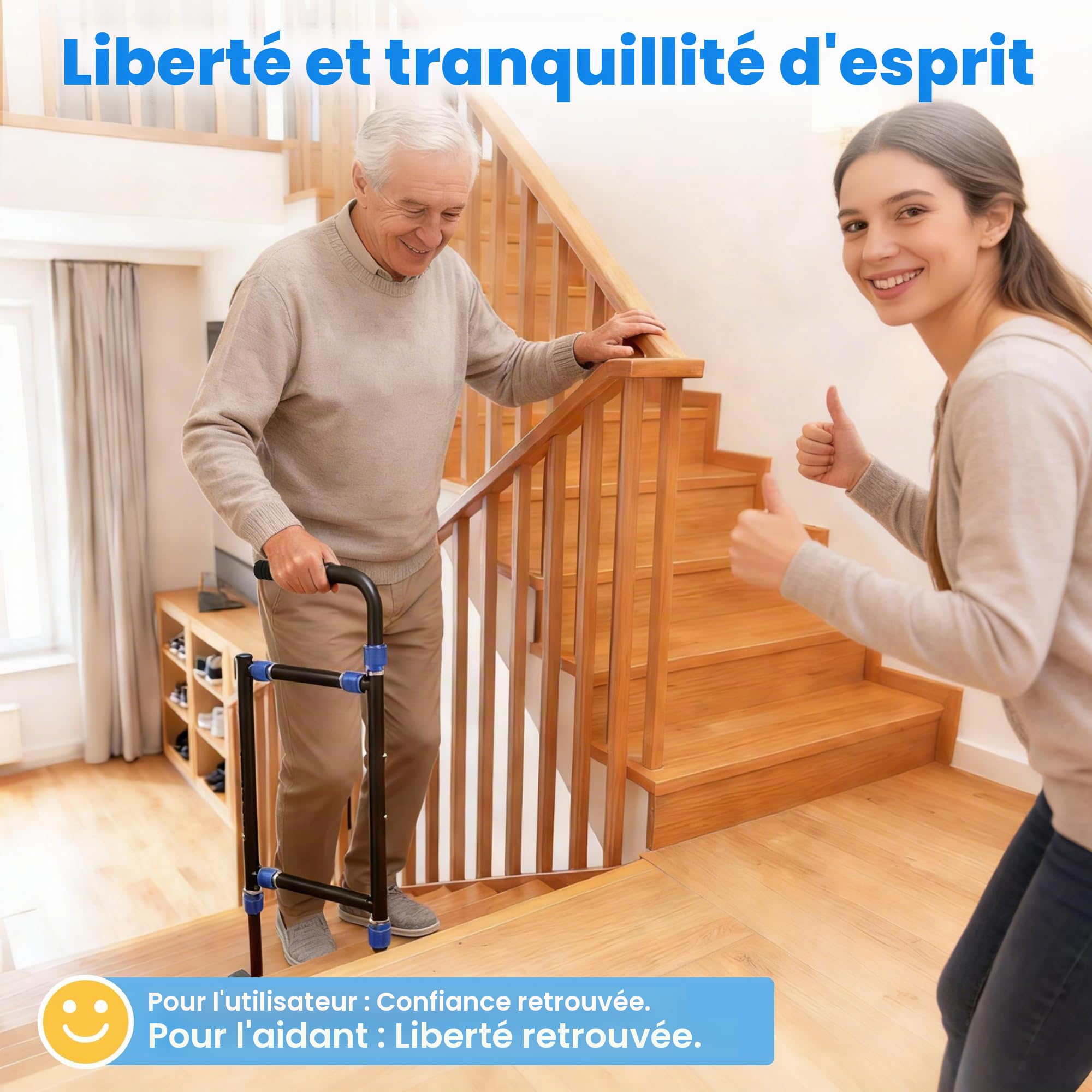 Canne d'aide à l'escalier réglable en hauteur et en largeur pour personnes âgées, personnalisable pour s'adapter à la plupart des marches d'intérieur/extérieur, large base antidérapante, canne