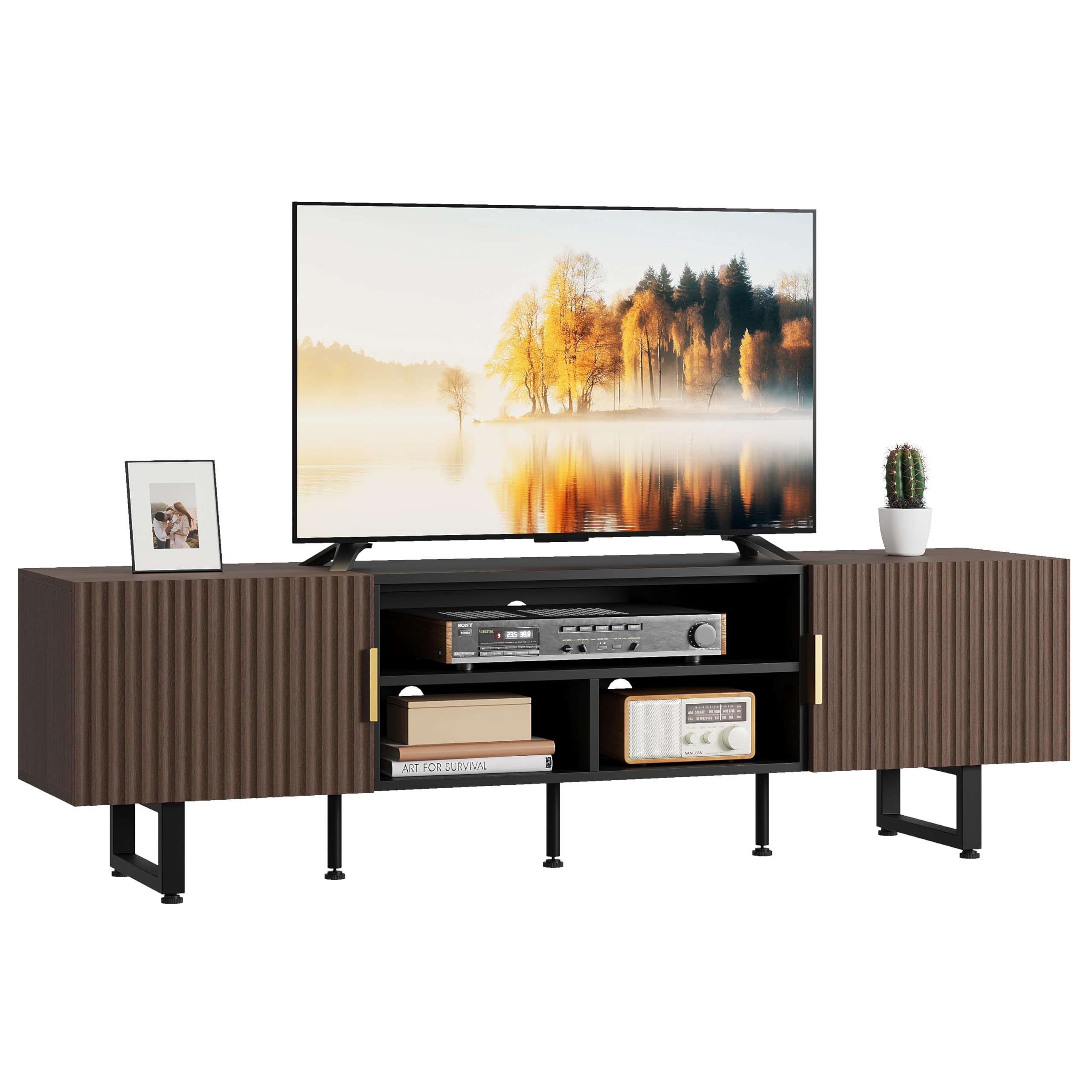 IRONCK TV Schrank 180cm Lowboard für Fernseher bis zu 65/75/80 Zoll, Fernsehtisch mit 2 Türen 3 offenen Fächern, Fernsehschrank Holz, Modern TV Board für Wohnzimmer, Schlafzimmer (Schwarz)