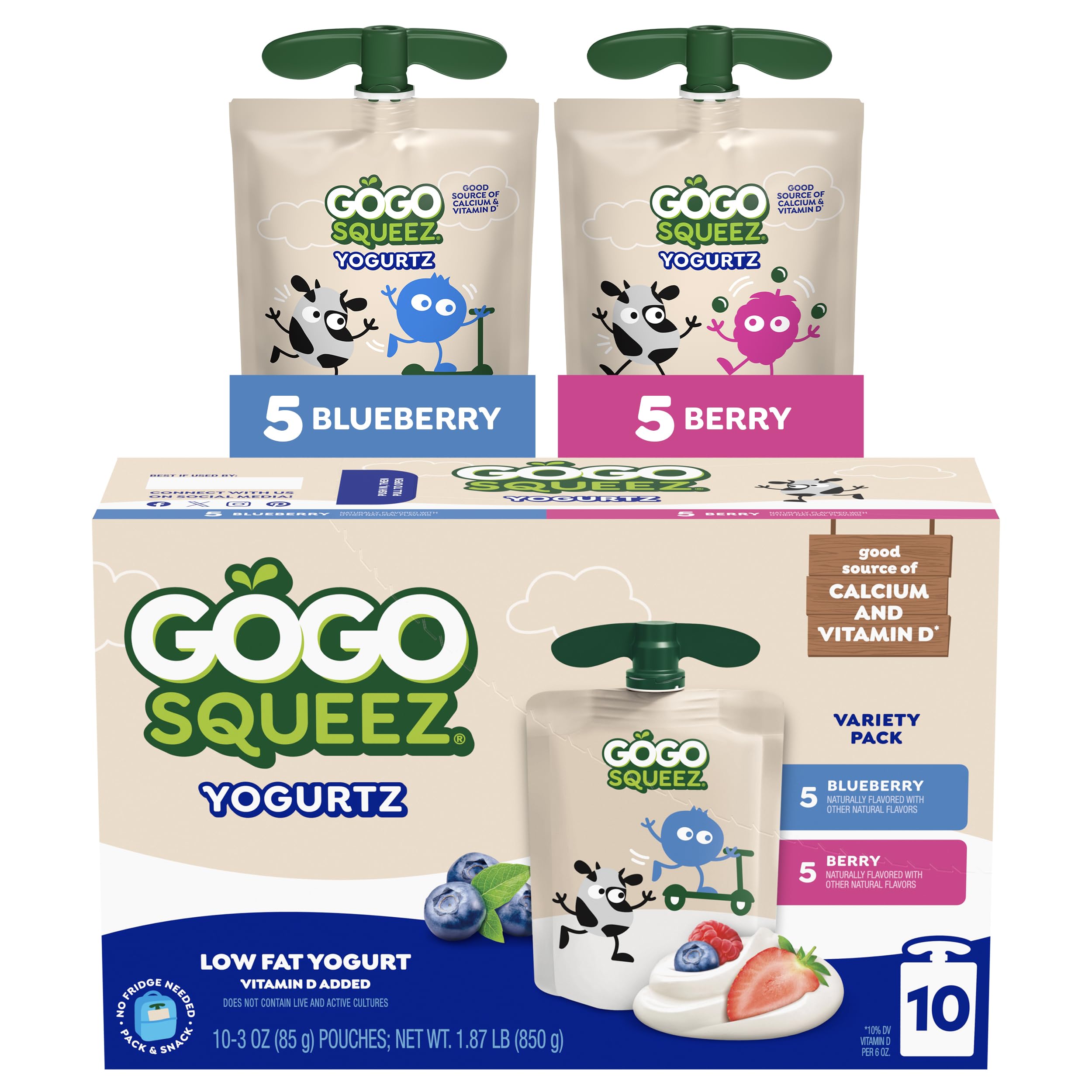 GoGo squeeZ yogurtZ Variety Pack, Berry & Blueberry, 3 oz (Pack of 10), Kids Snacks Made from Real Yogurt and Fruit, No Fridge Needed, Gluten Free, Nut Free, BPA Free Pouches (Packaging May Vary)