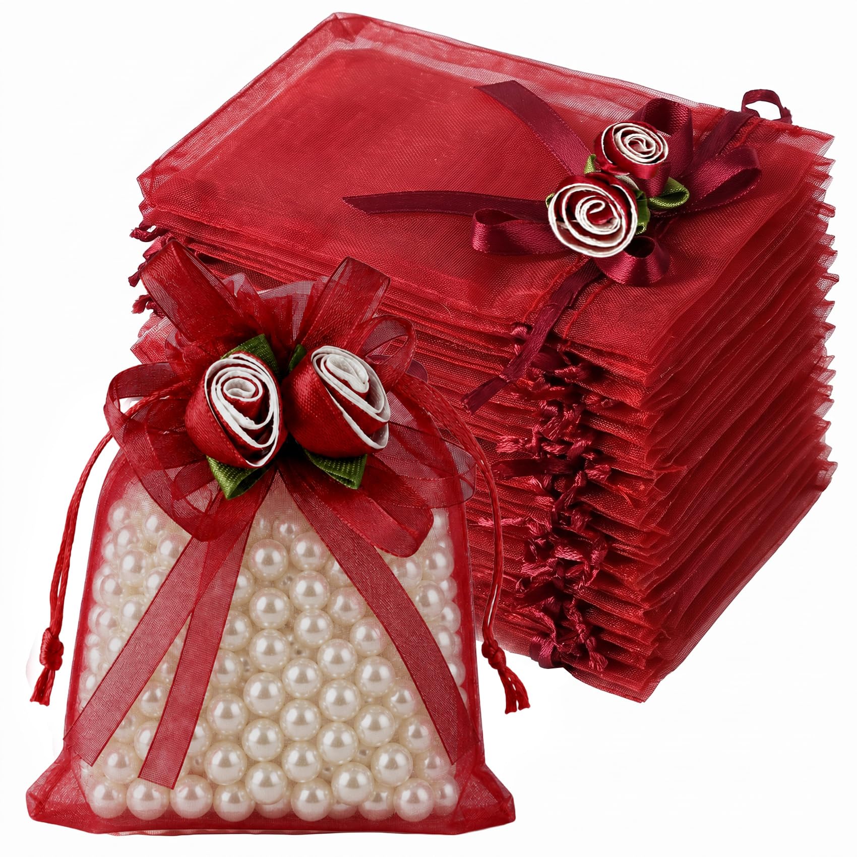 50Pcs Rose Organza Drawstring Jewelry Pouches