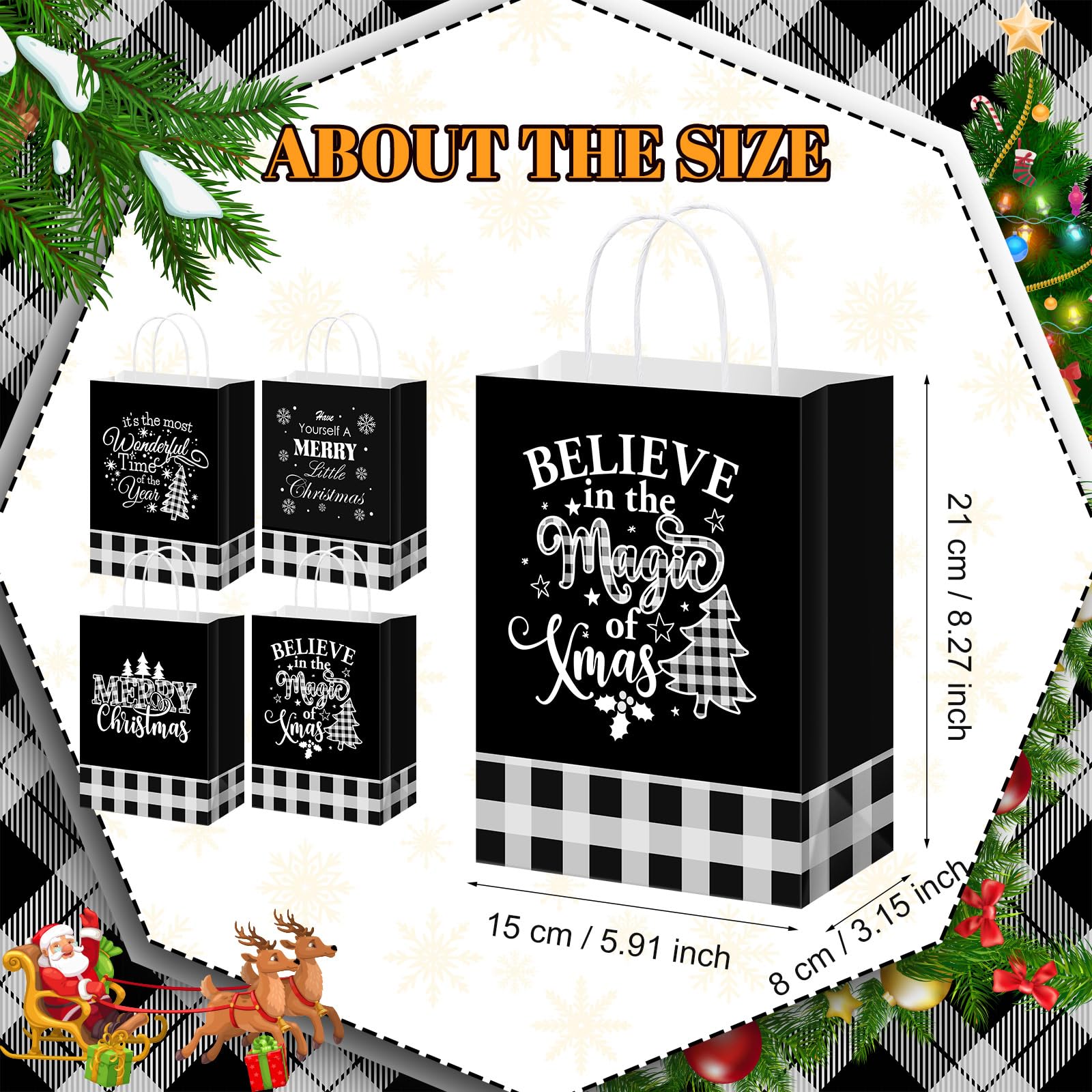 Qilery 100 Stück Weihnachts-Büffelkarierte Papier-Geschenktüten mit Griff, kariert, Partygeschenktüten für Weihnachten, Urlaub, Geschenke, Verpackung, Partyzubehör, Dekoration (schwarz und weiß)