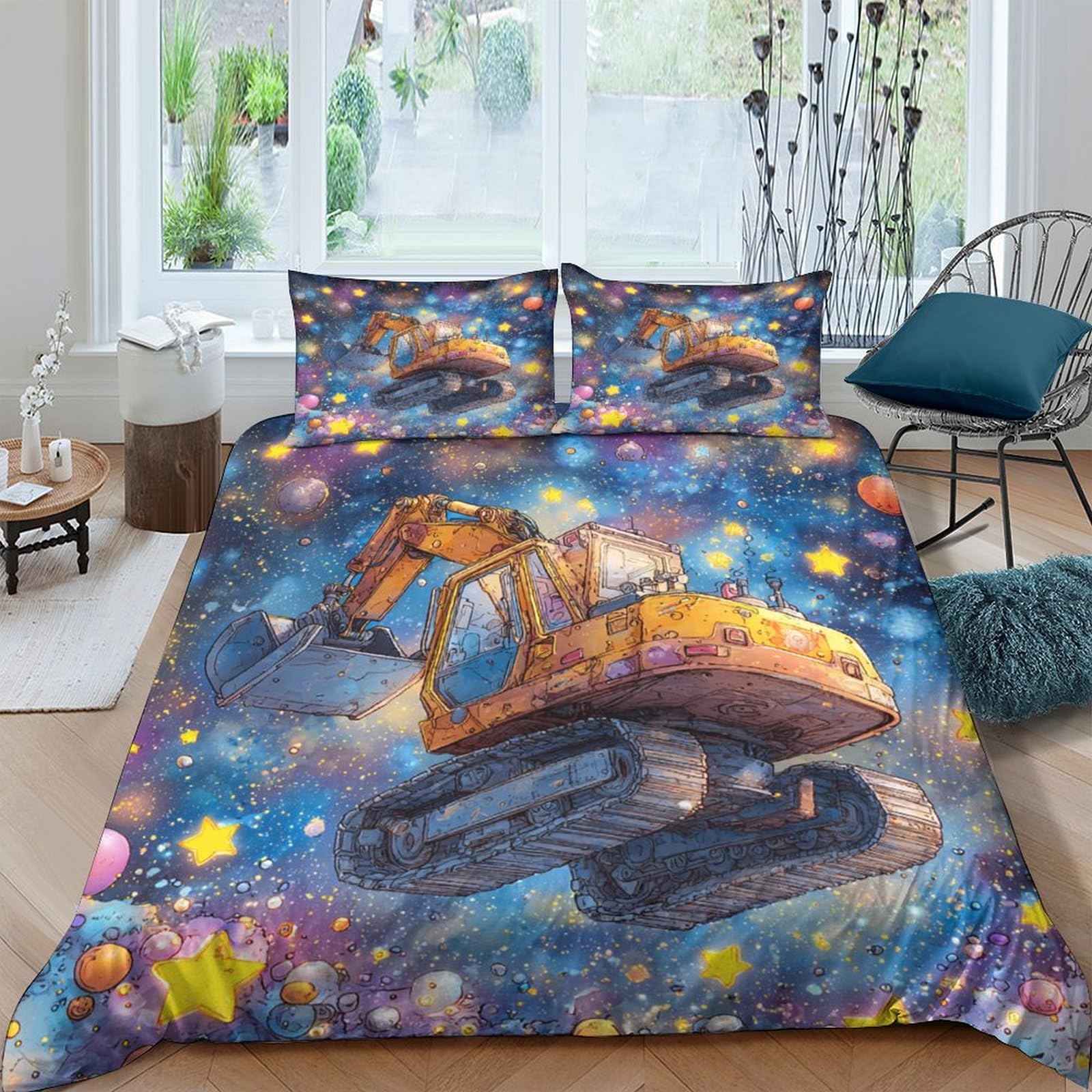 GPLZQXKJNH 3D Printed Excavator Construction Duvet Cover Microfiber Soft Breathable Machinery Bedding Set with 2 Pillowcases for Bedroom Decor Single（135x200cm）