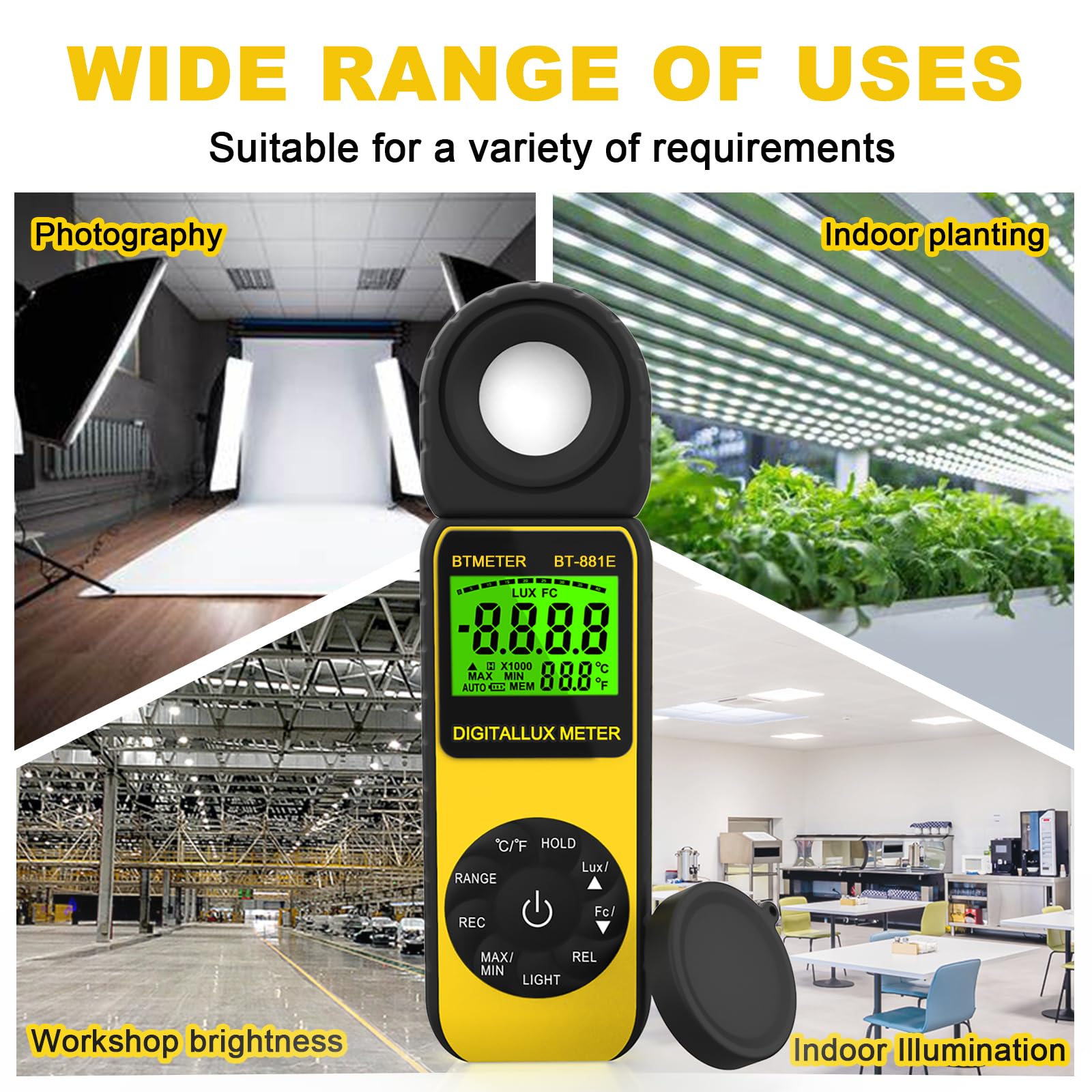 Luxmètre Numérique Portable AIOMEST AI-881D - Plage 0.01-400,000 Lux, Détecteur 270°, Pour Plantes, Aquarium, Photo