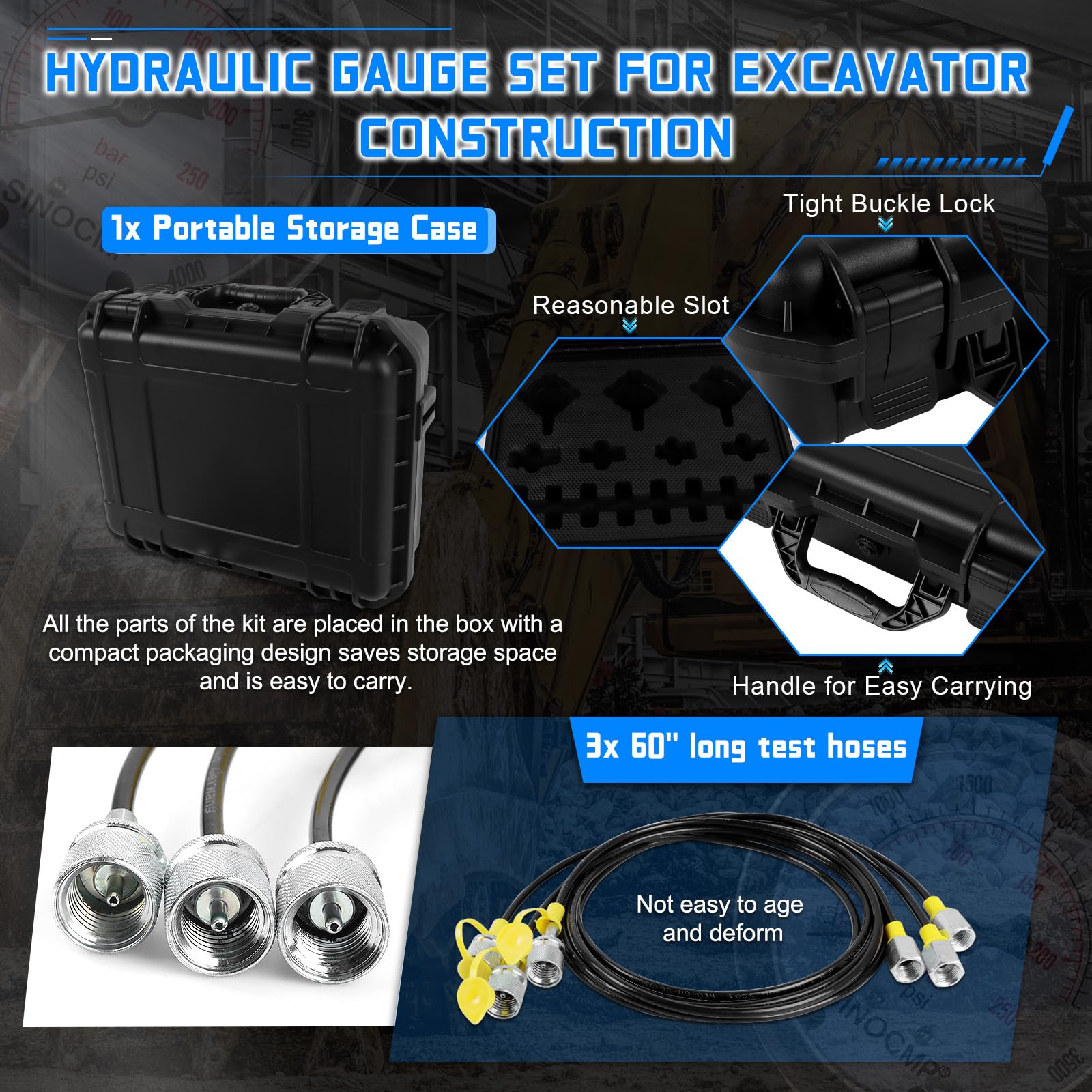 Kit de test hydraulique 25/40/60 MPa jauges de pression pour Komatsu avec 12 raccords, 4 tuyaux d'essai de 163 cm de long et 3 manomètres