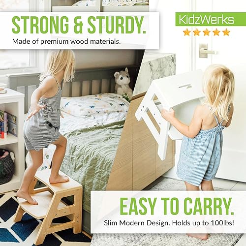 Miniatura 4 de Taburete para niños pequeños, baño, cocina, orinal de madera, para niños, escalera, 2 escalones, madera natural