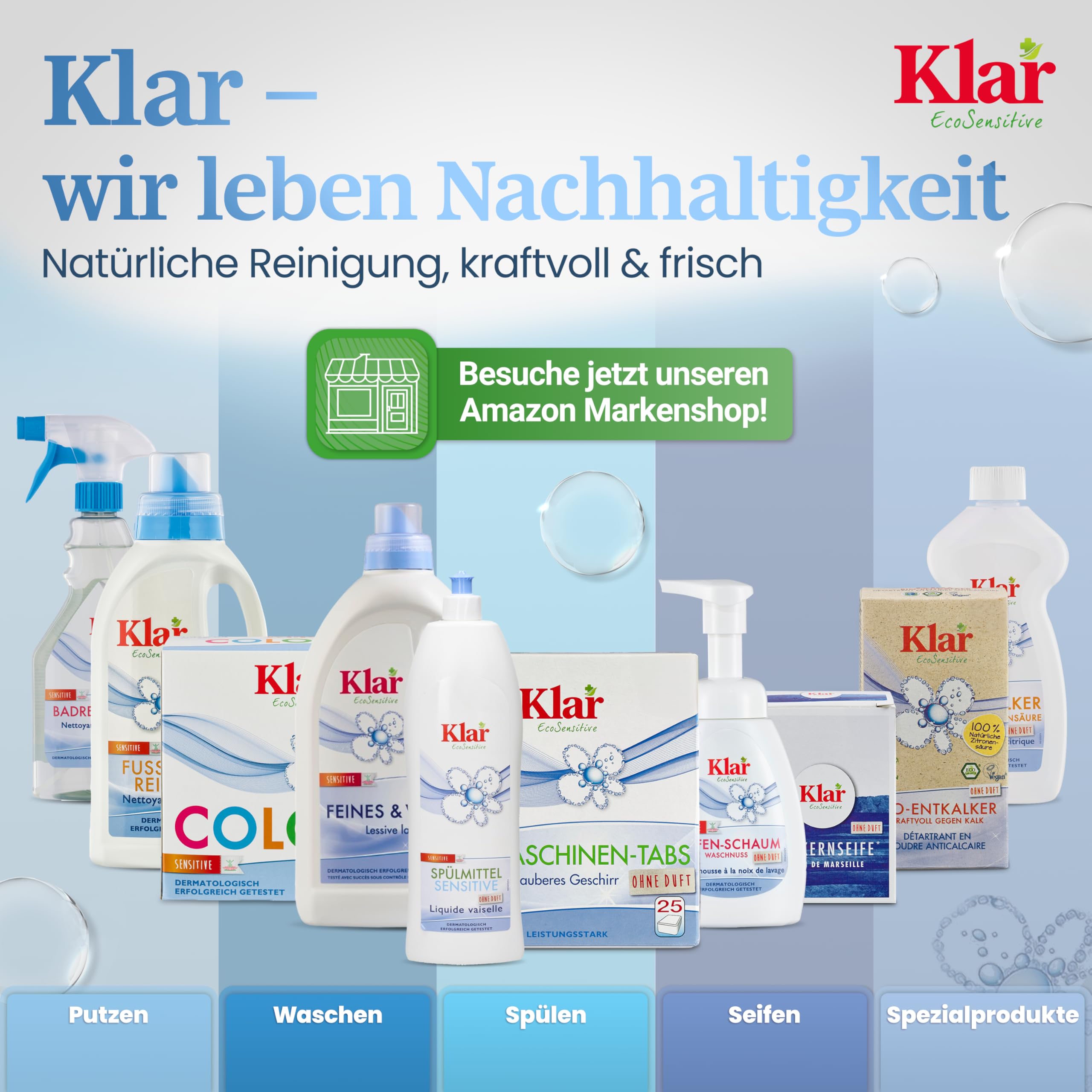 Klar Vollwaschmittel Pulver Sensitive 6x1,1kg - 120 Ladungen - Allergiker Waschpulver ohne Duft - Bio Waschmittel Pulver mit natürlichem Waschnuss Extrakt - VEGAN & Enzymfrei