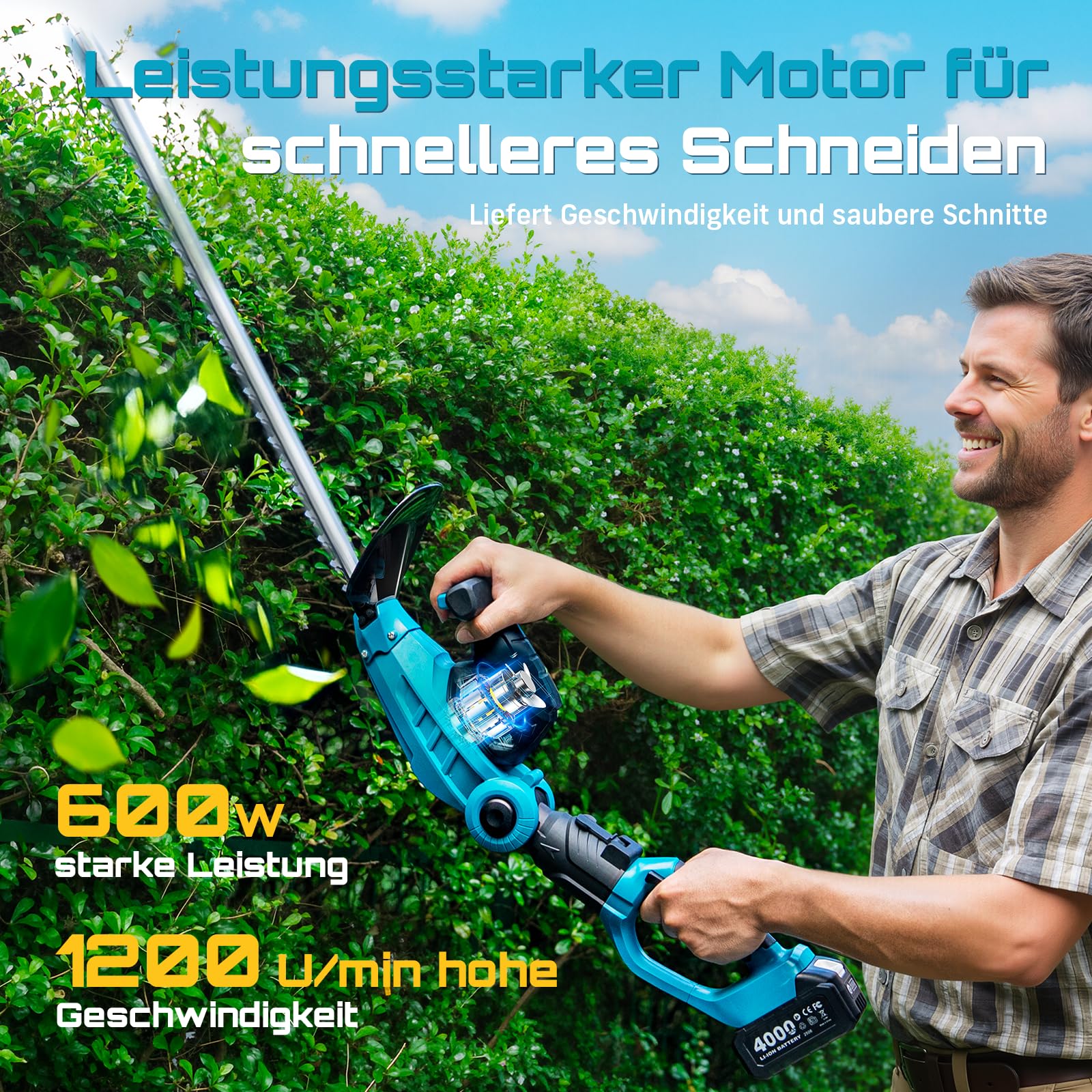 SEESII 2-in-1 Teleskop Heckenschere Akku: Elektrische Heckenschere mit 53 cm Doppelklinge, Teleskopstange bis 2,6 m, 18 mm Schnittstärke, 2 * 4,0 Ah Akkus, für Garten, Bäume und Sträucher CYCPHT05