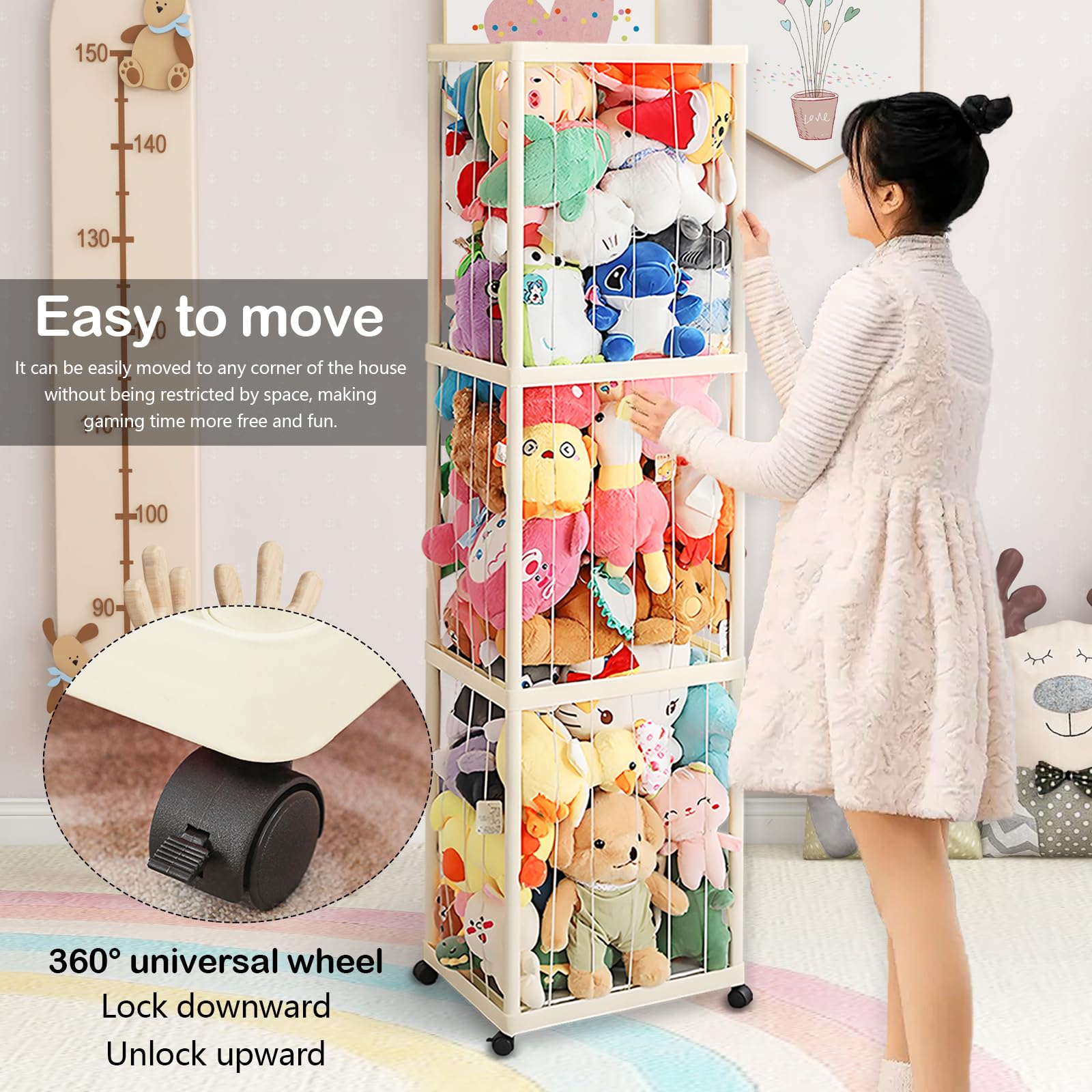 Kuscheltier Aufbewahrung, Stofftier Aufbewahrung mit Elastisches Band und 360°Bremse-Ausgestattete Räder Plüschtier Lagerung Kuscheltierzoo für Kinderzimmer Spielzimmer Schlafzimmer Organizer