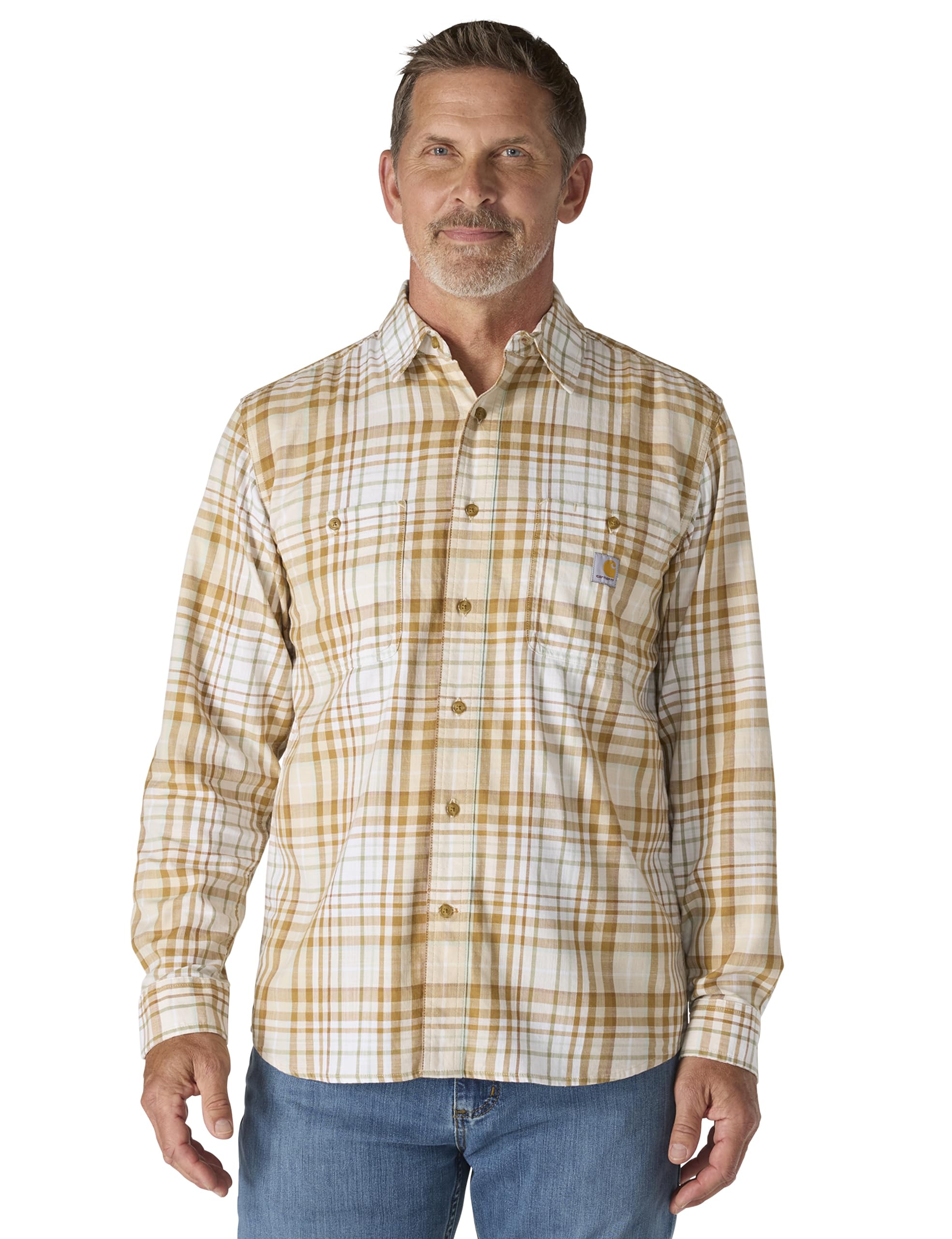 Carhartt Men’s Rugged Flex Relaxed Fit Lightweight Long-Sleeve Plaid Shirt, Oat Milk, Medium