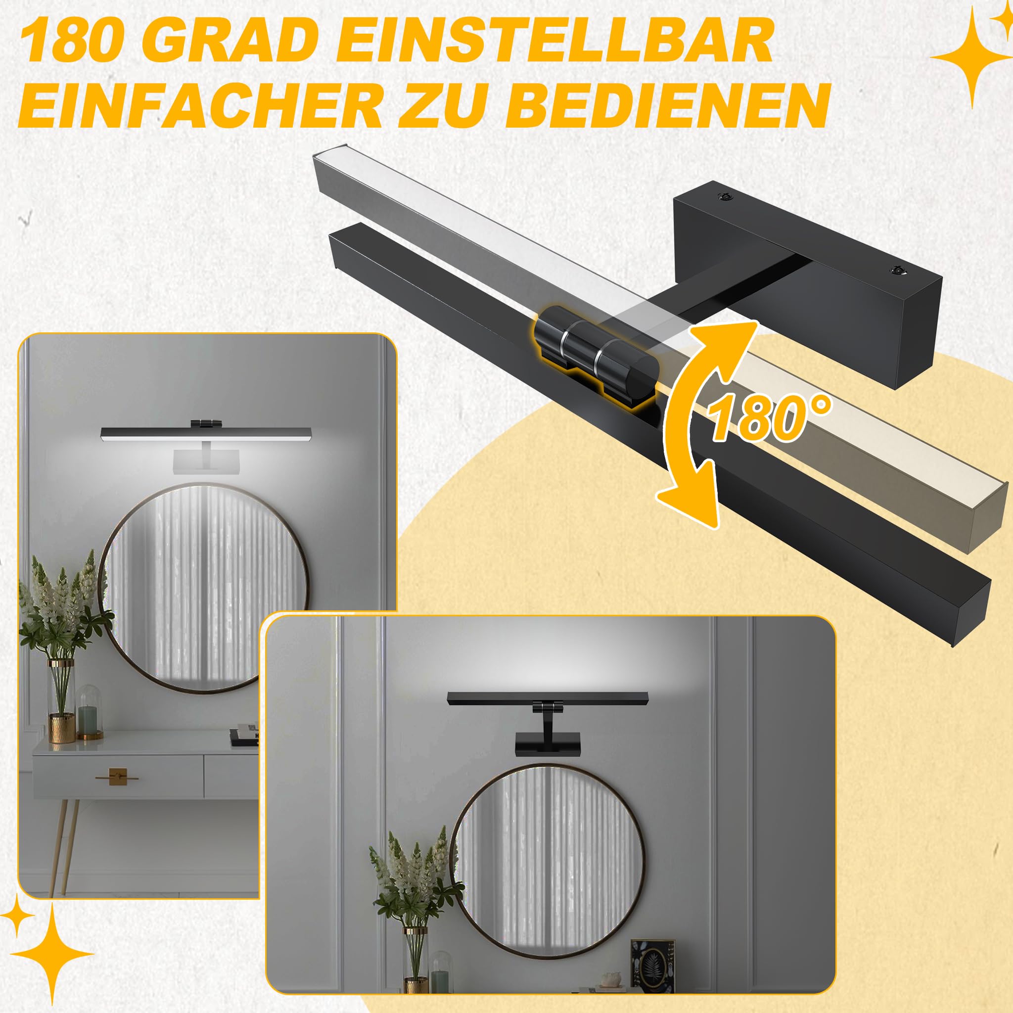 UISEBRT 10W 40cm LED Spiegellampe Badezimmer, Leuchtstoffröhre 180° Verstellbar, Schwarz Badezimmer Lampe Modern IP44 Schrankleuchte für Wandbeleuchtung und Spiegel Beleuchtung, Typ A Kaltweiß