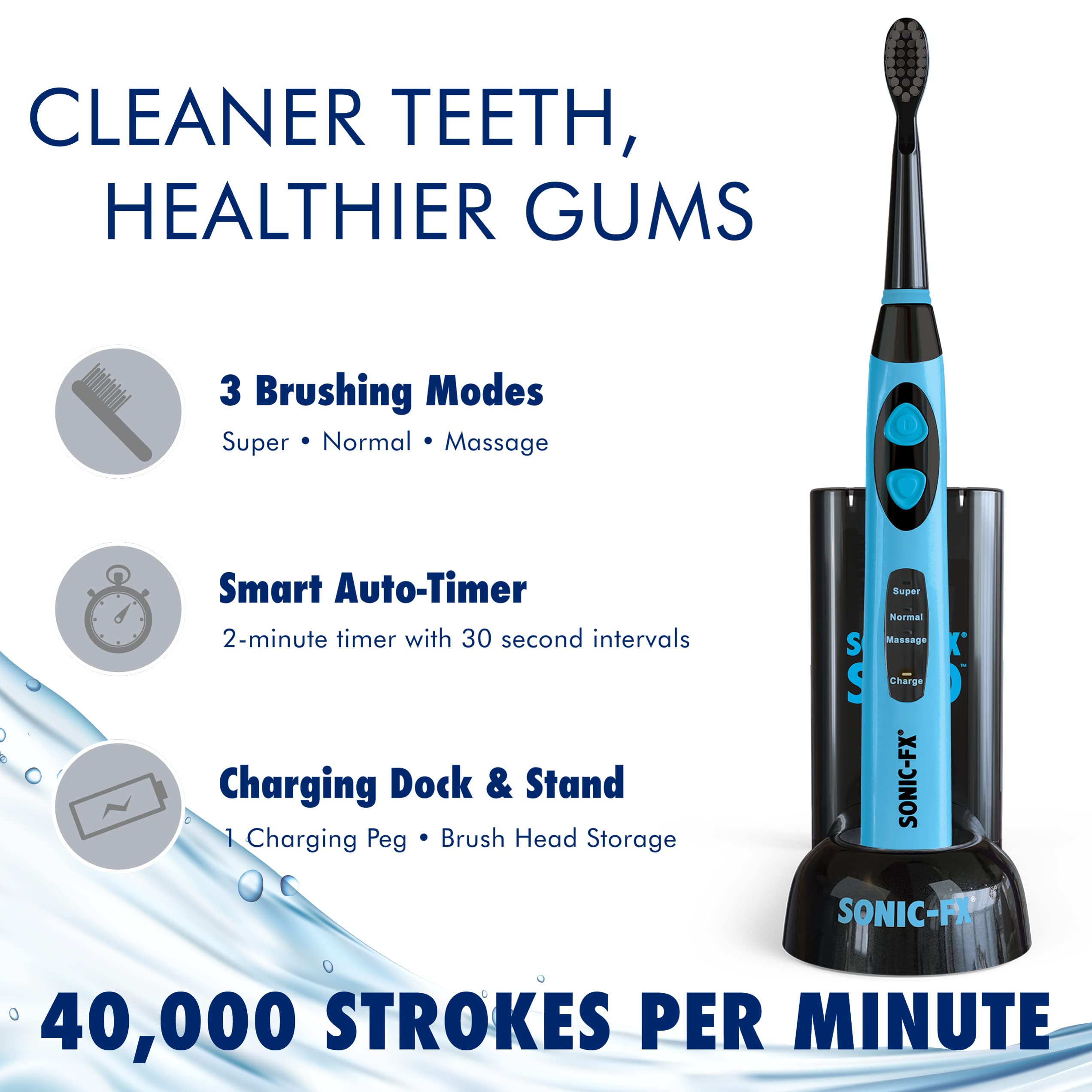 Sonic-FX Solo Cepillo de dientes eléctrico con 10 cabezales de cepillo + 1 interdental, cerdas de carbón, recargable, base de carga/almacenamiento, 3 modos de cepillo, temporizador inteligente, 2