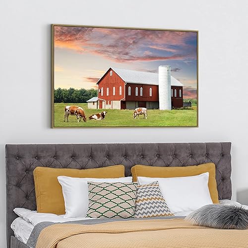 Miniatura 10 de Cuadro de lienzo de pared de granja, obra de arte de granja, paisaje de granero, escenas de campo, vista al atardecer, pintura de pueblo colorido,