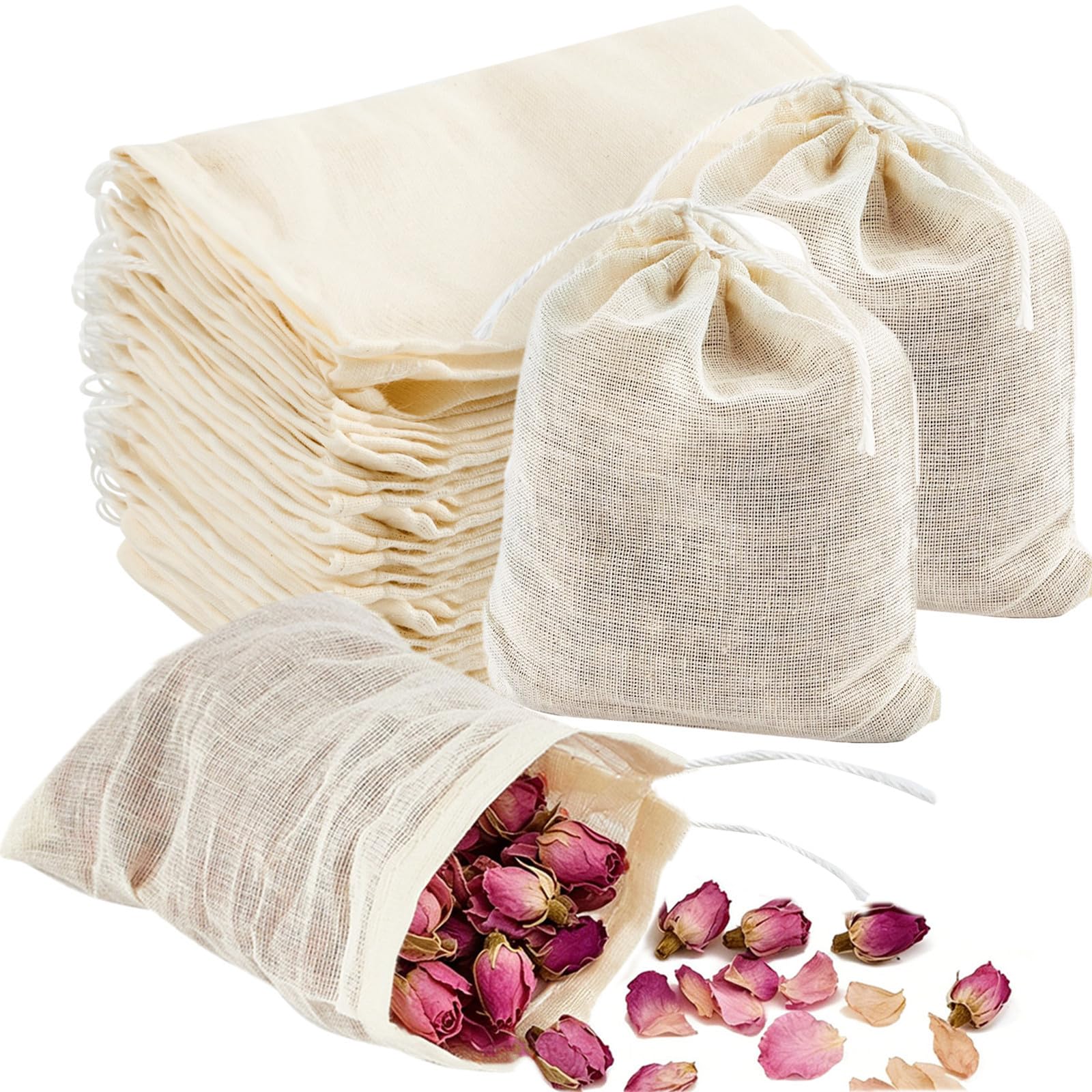 TUZAZO 50 Pack Reusable Drawstring Cotton Tea Bags - Cheesecloth, Muslin, Coffee, Tea, Bone Broth Brew Bags (3 x 4 inch)-image-33