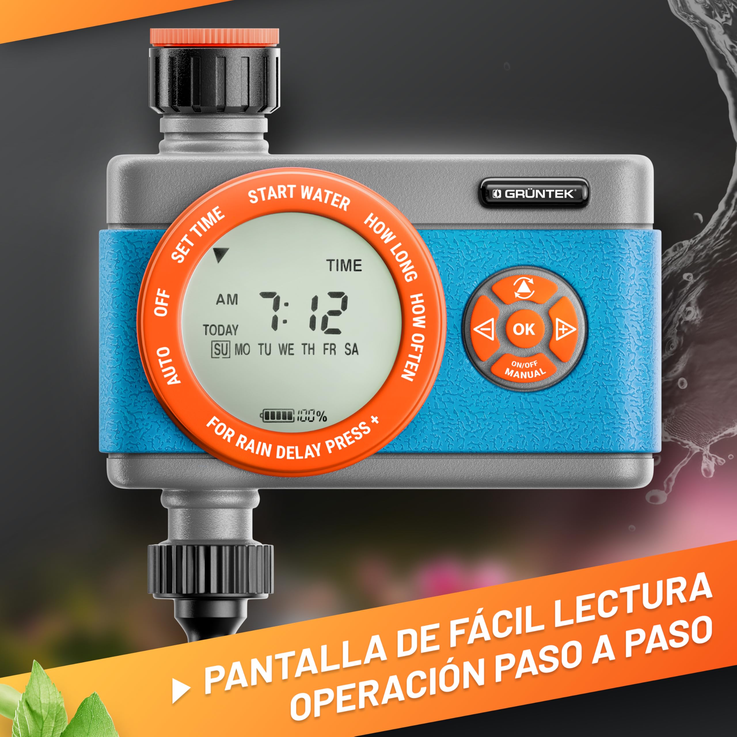 GRÜNTEK Programador de Riego Jardín con Temporizador Automático - Aspersor con Programa multifunción y duración de 1 a 360 min. Gris, naranja, Azul