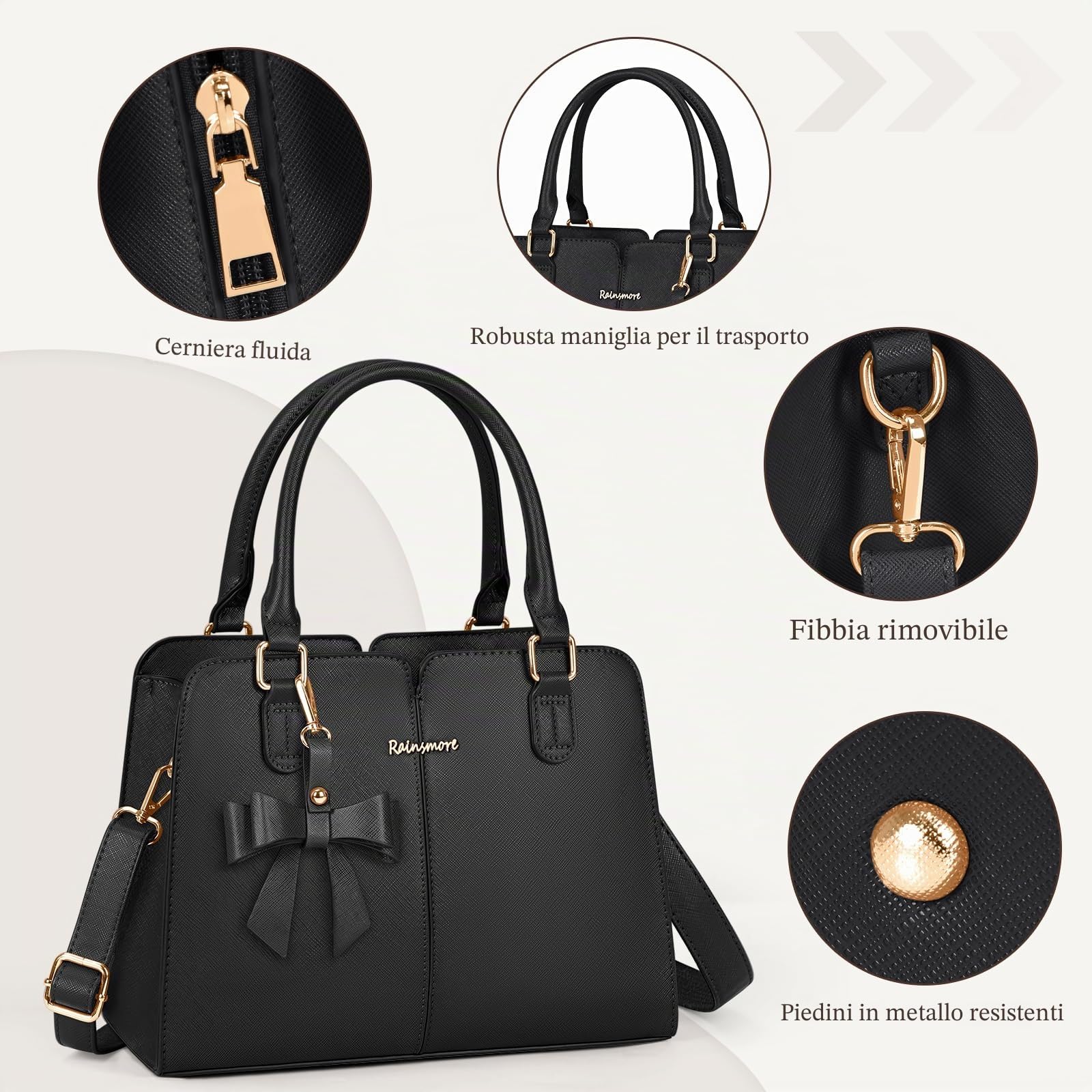 RAINSMORE Borsa Donna in Pelle PU Impermeabile Borsa a Mano con Antifurto Tasca Borse a Tracolla Borsetta Elegante con Fiocco Media Crossbody Tote Bag per Lavoro Shopping Scuola