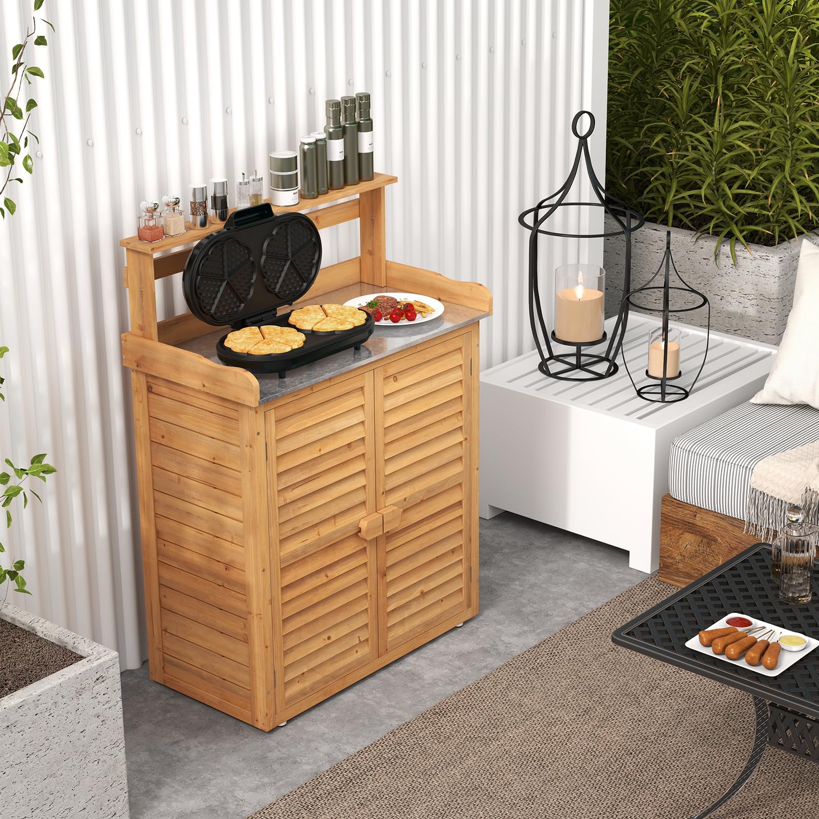 COSTWAY Armario Exterior de Madera Abeto, Cobertizo Exterior con Encimera de Metal Galvanizado, Estantes Extraíbles y 2 Puertas, Caseta Jardin Terraza Balcon, 87 x 45 x 120 cm (Natural)