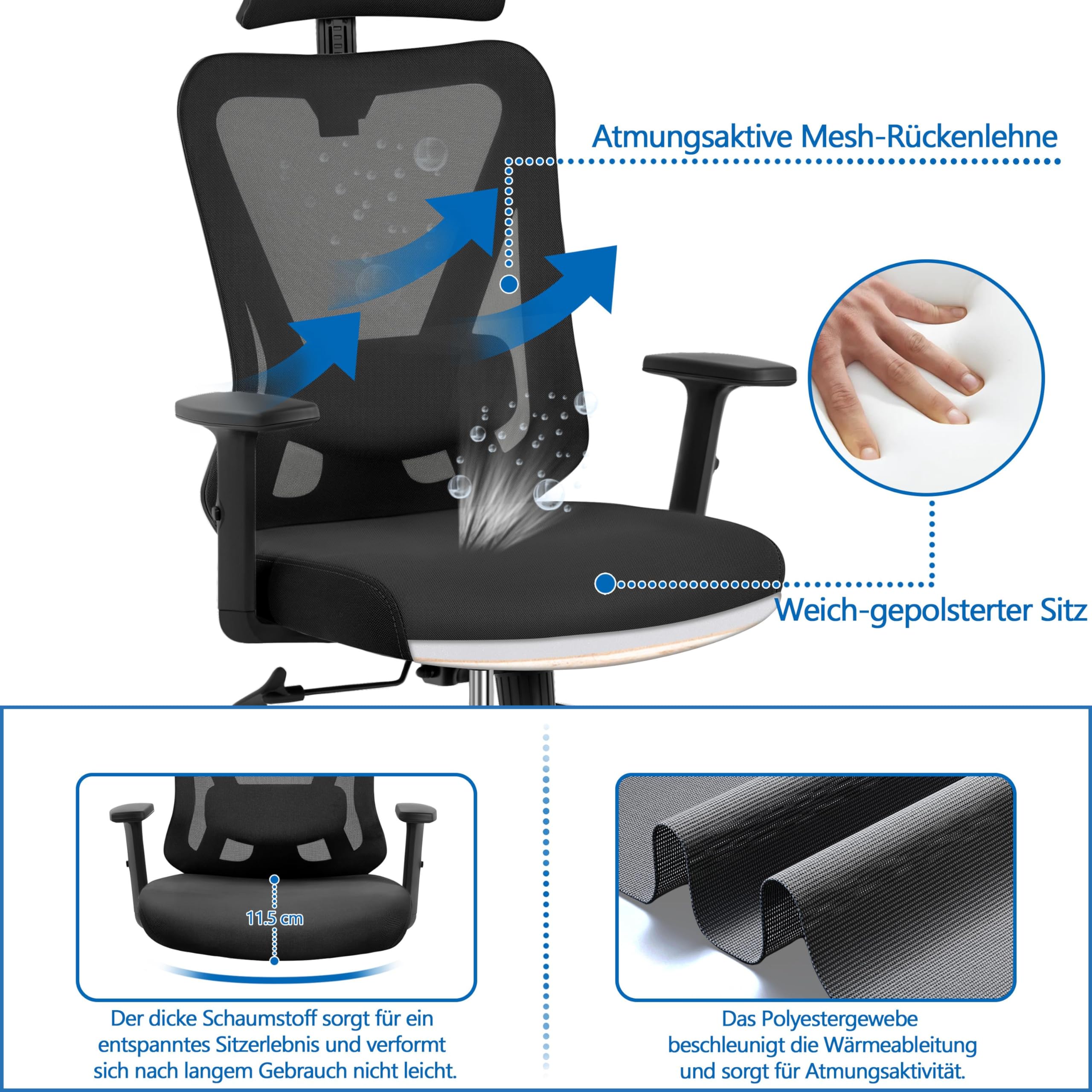 Yaheetech Bürostuhl Ergonomisch mit atmungsaktivem Netzrücken Schwarz | Höhenverstellbarer Schreibtischstuhl Verstellbare Armlehnen Kopfstütze und Lendenstütze Wippfunktion bis 130°