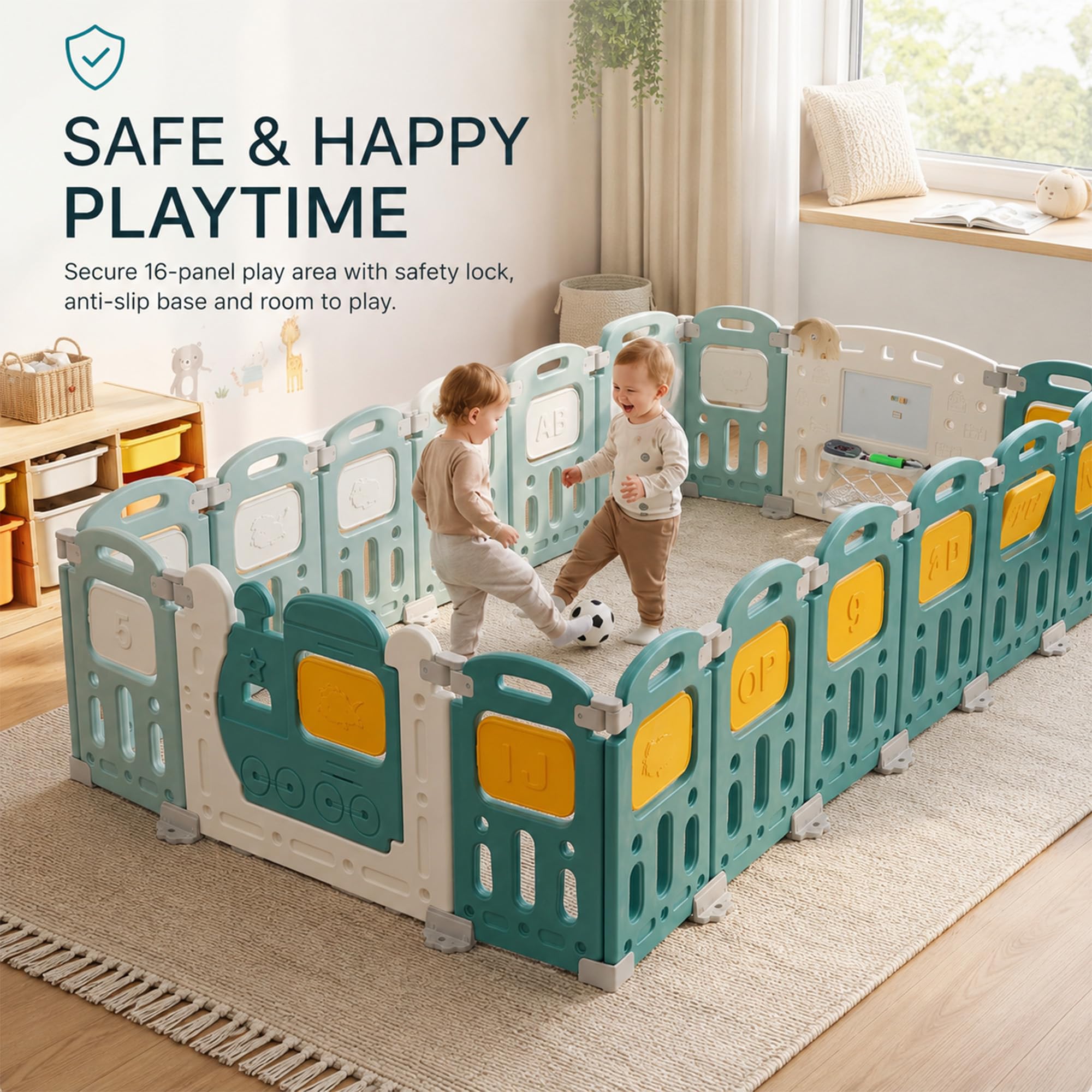 Baybee Train Kids Playpen for Babies | Foldable Baby Play Area Indoor Setup with Safety Lock, Writing Board & Double Knob | Portable Baby Activity Playards for Toddlers | Outdoor Play Pen for Kids for 0-5 Years (16 Panels) 3