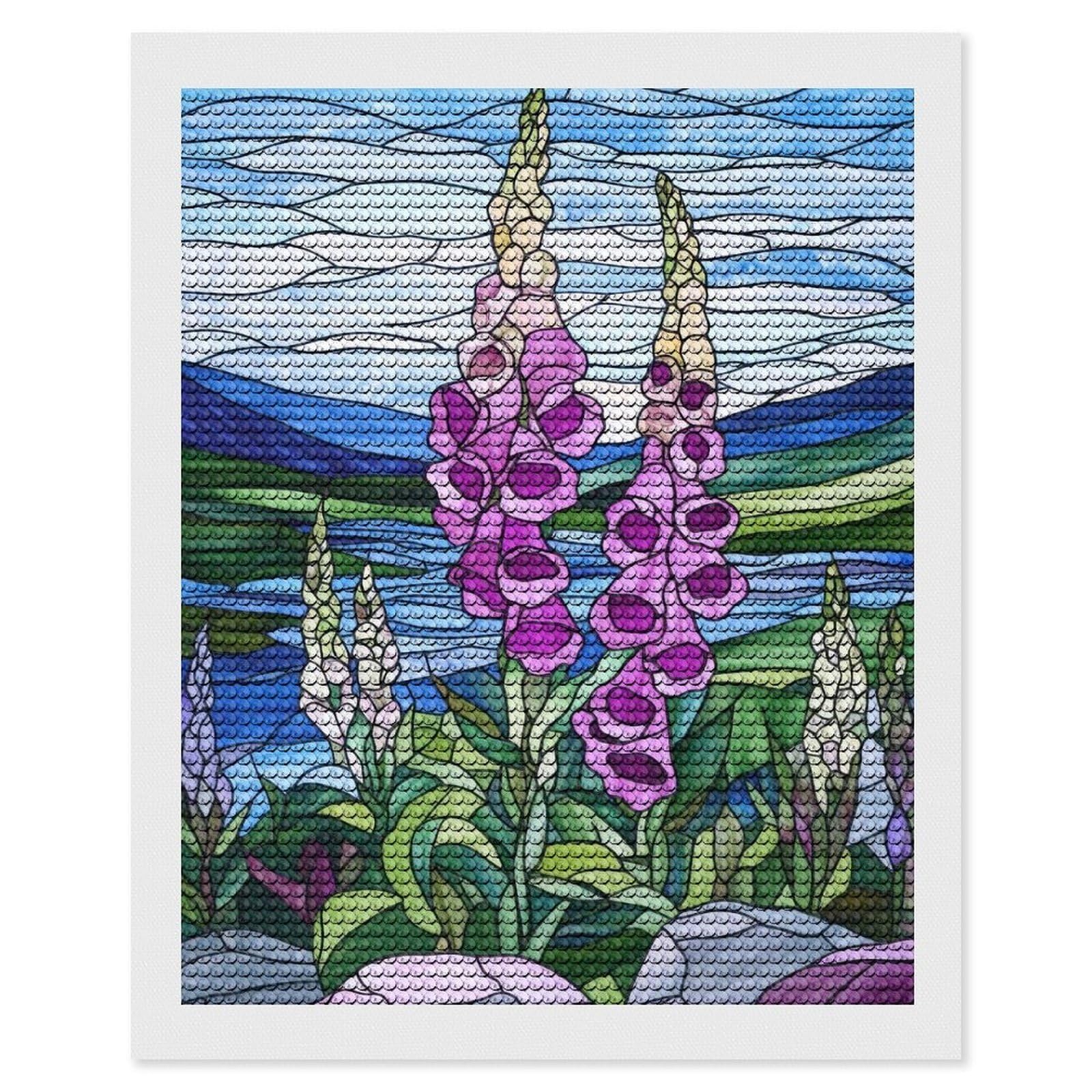 Junmoney Stained Glass Foxgloves Diamond Painting Kit 16"x20", Thoughtful Handmade Gift, for Creative Relaxation, Printed Canvas, Cosy Home Accent