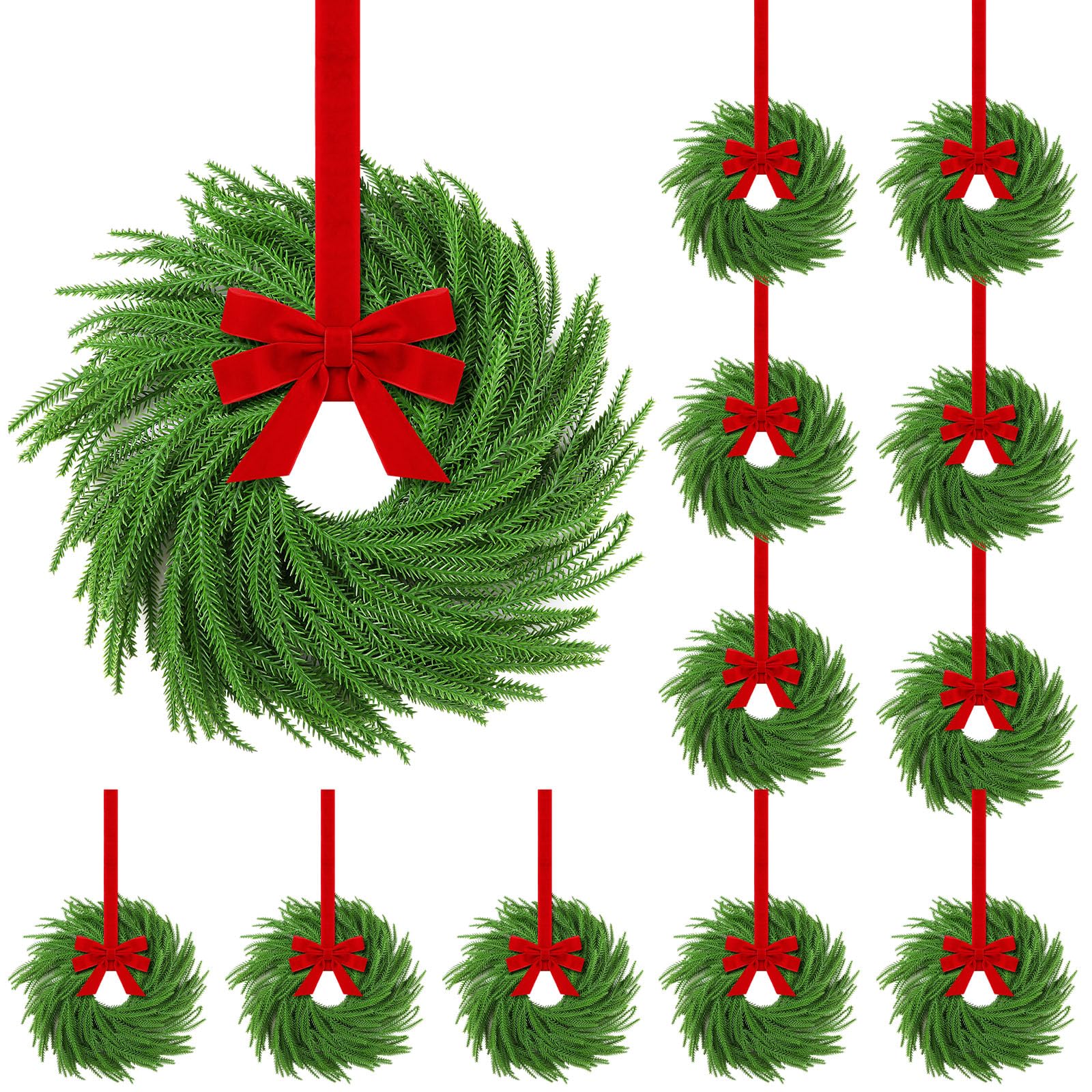 Photo 1 of Hotop 12 Set Mini Christmas Wreath for Cabinet Kitchen Windows Decors Bulk with Red Bow Small Artificial Norfolk Farmhouse Wreaths with Berry Pine Cone for Fireplace Front Door Porch Wall Hanging