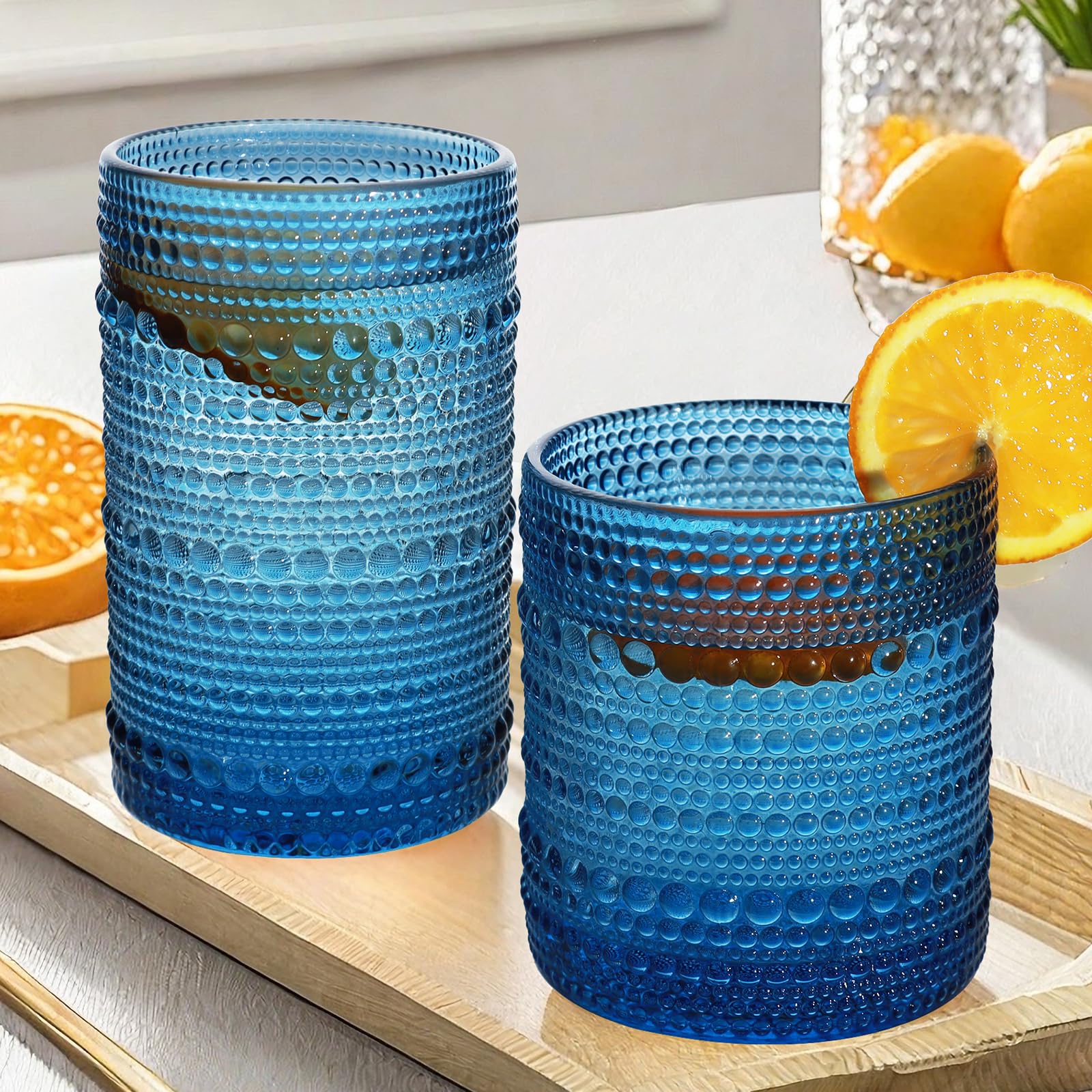 Lumkit Vintage Hobnail Drinking Glasses Set, Glassware Drinking Set of 8, 12 oz & 10 oz Highball Glasses, Tumbler Glass for Cocktails, Whiskey, Juice, Milk