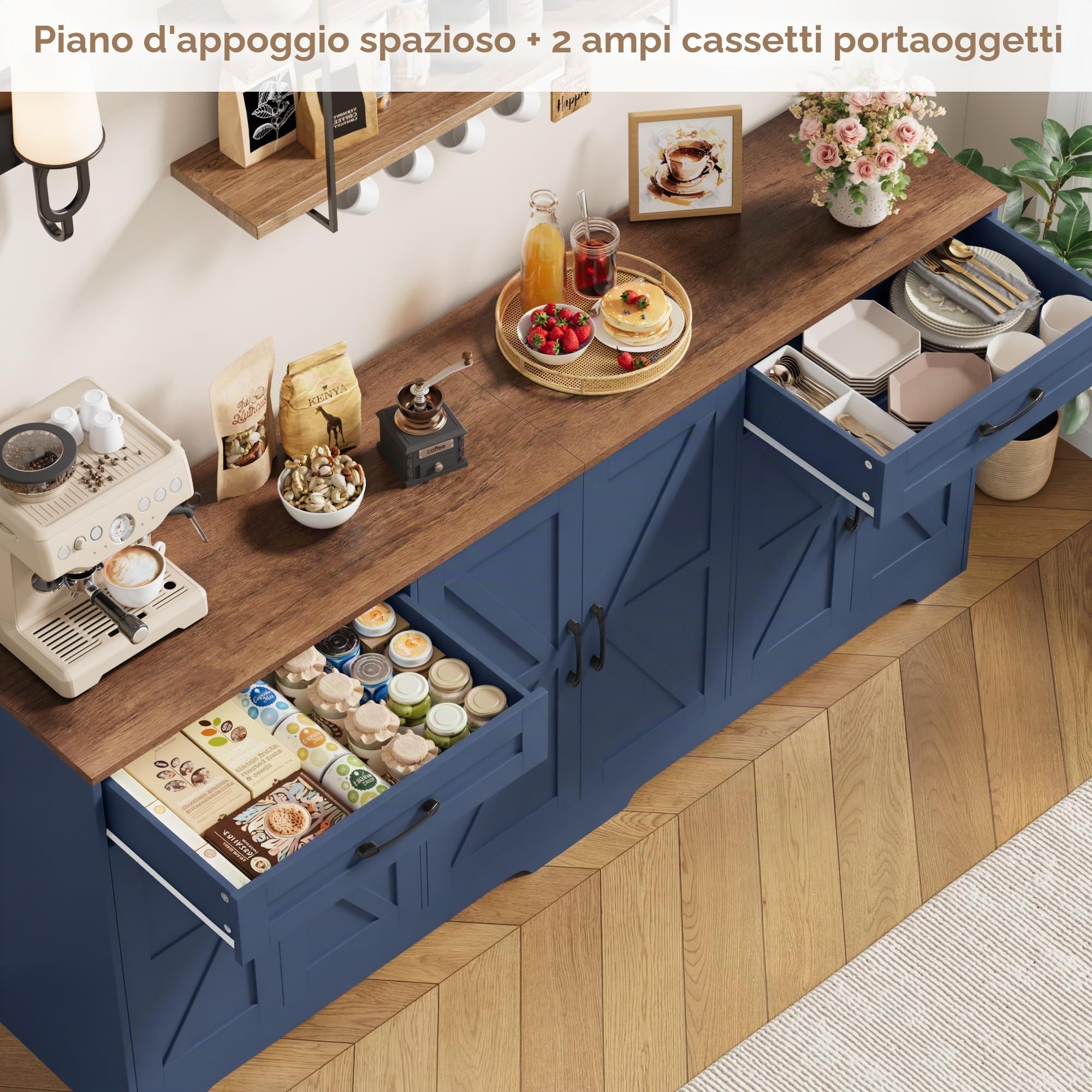 HOCSOK Credenza Cucina, 180 cm Madia Cucina con 8 Scomparti Portaoggetti, Credenza Soggiorno con 2 Cassetti 6 Ante per Sala da Pranzo, Mobile TV, 180×87×34, Blu