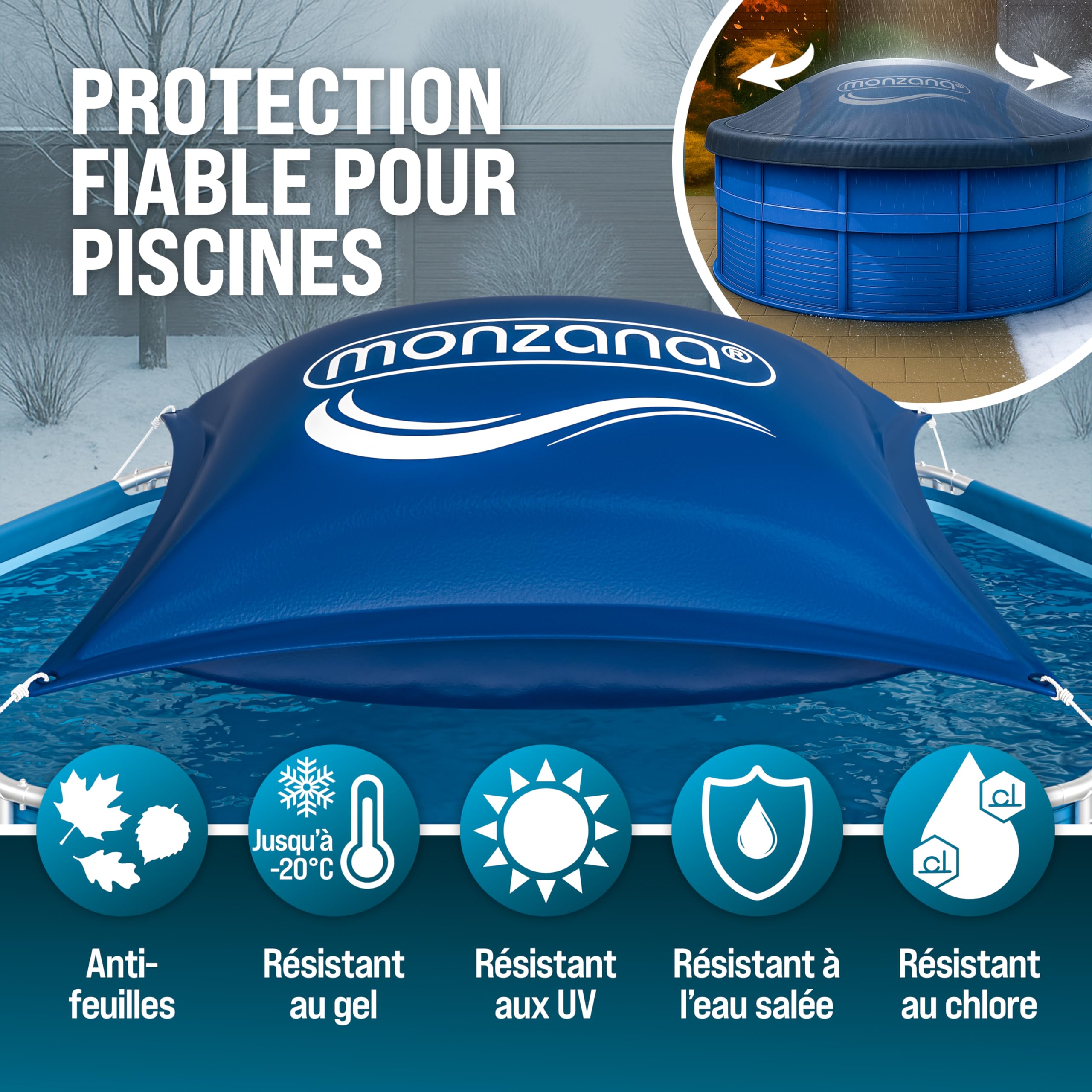 MONZANA® 4X Coussin de Piscine hivernage XL Corde PVC -20°C Double Couture 4 Oeillets Coussin Gonflable Oreiller Piscine Coussin Flottant Valve air | corde, double couture, 4 œillets, coussin gonflable, flottant, ballon, 120x120cm, eau chlorée, 0,44mm, ne