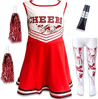 Zombie Cheerleader Halloween Costume for Kids Ages 7-9, Zombie Fancy Dress Outfit for Girls with Pom Poms, Tights, Red High School Cheerleader Costume and Fake Blood, Easy Halloween Kids Dress Up Pack