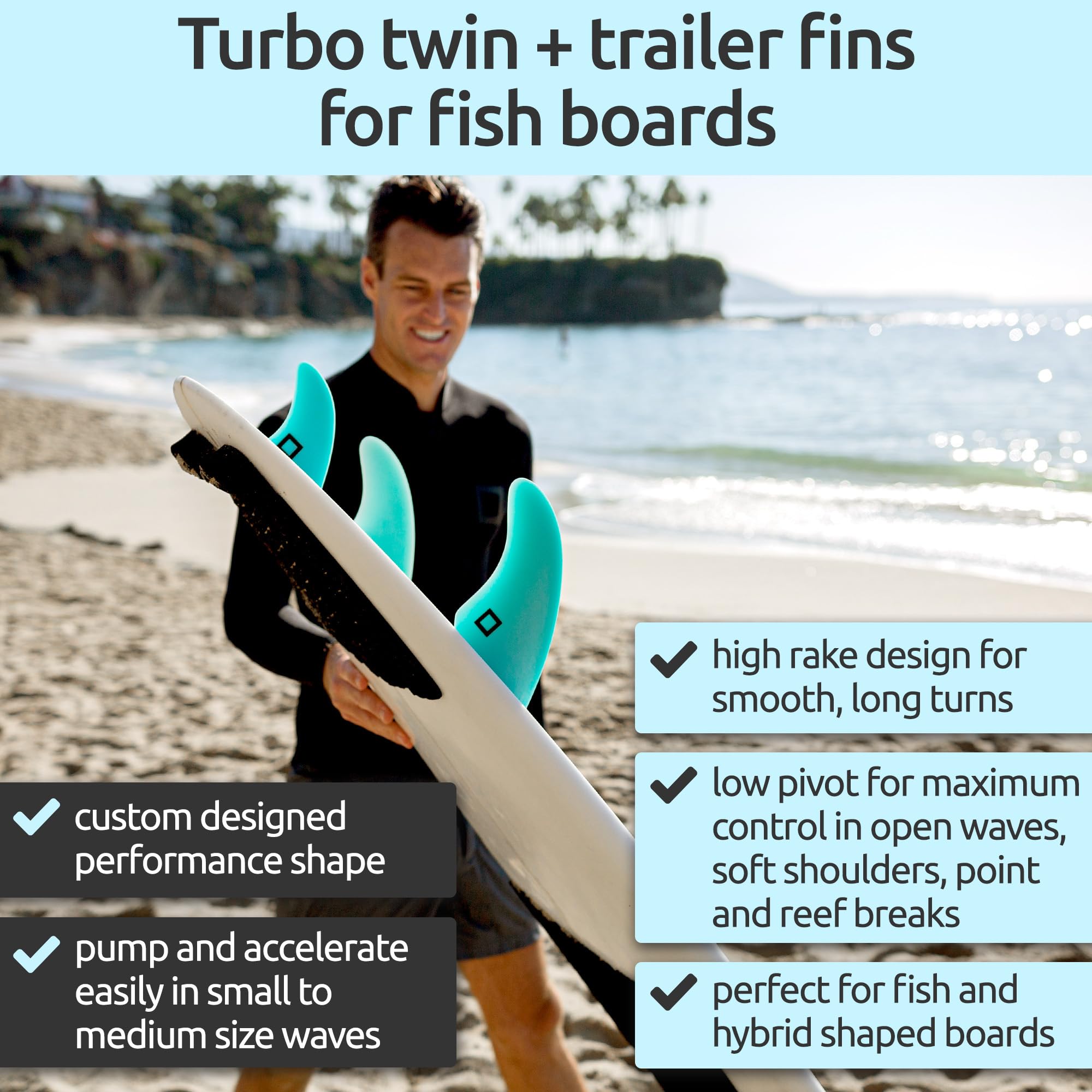 Zestaw Surf Squared Twin, Thruster lub Quad Fin – lite włókno szklane dla lekkiej trwałości i najwyższej wydajności – kompatybilny z deskami surfingowymi Futures Single Tab