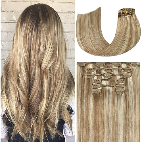 Ukira Blonde Hair Extensions Clip in Real Human Hair, 18 Inch 75g 7pcs Golden Blonde Highlights Human Hair Extensions Clip ins for Women, Soft Natural Straight Remy Human Hair Clip in Extensions
